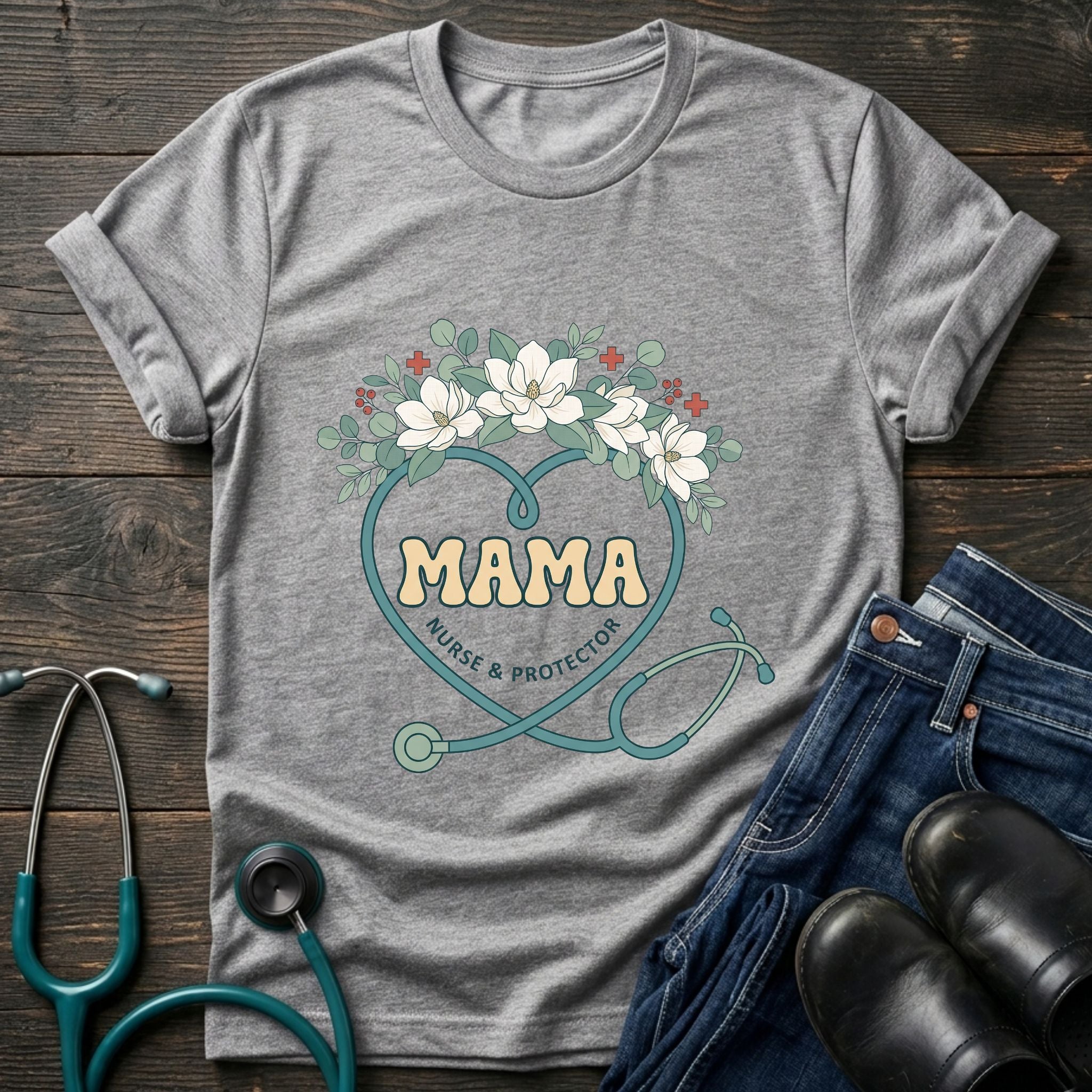 Mama Nurse Floral Stethoscope Graphic Tee - Sport Grey / XS | YOUSTOMIZE