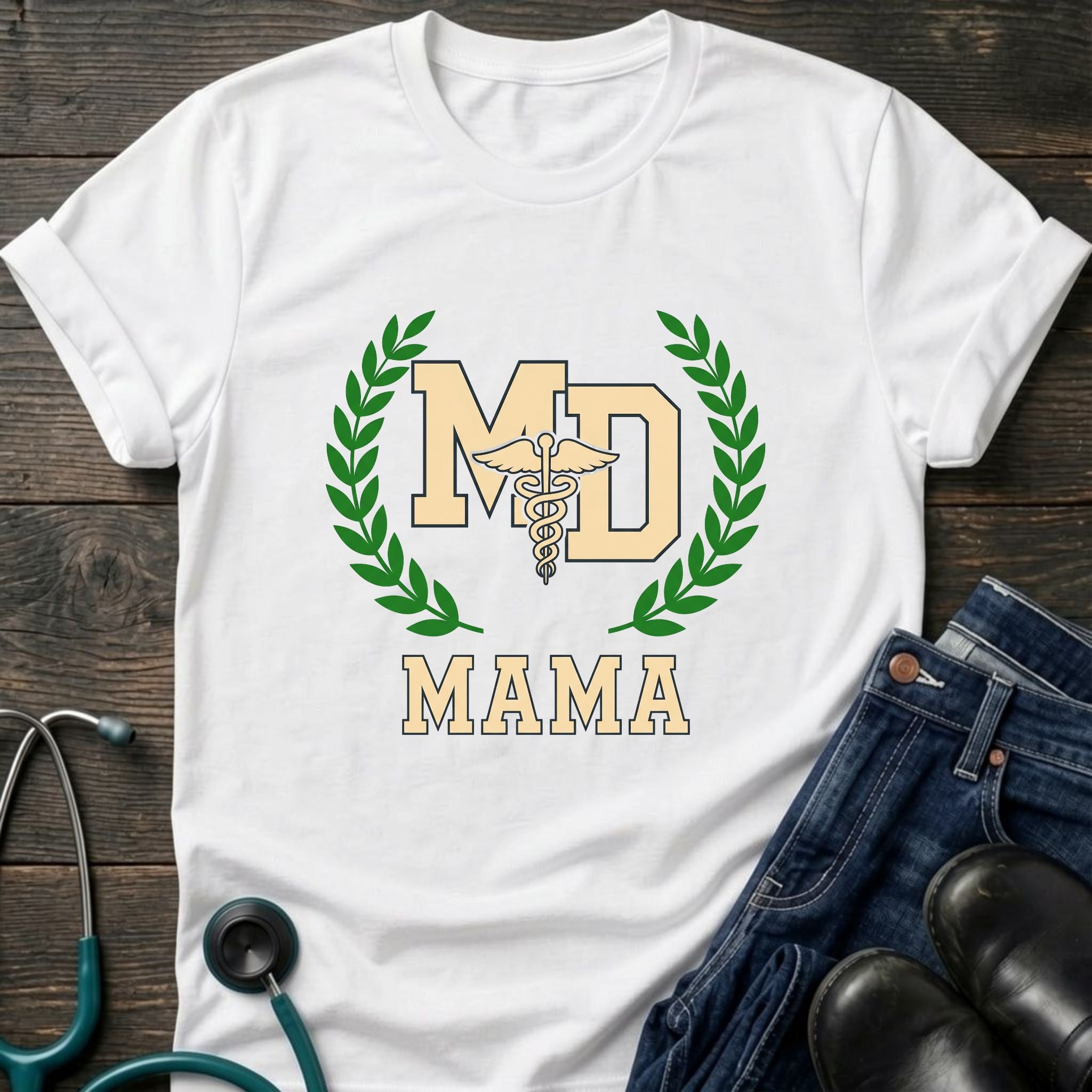 MD Mama College Crest Laurel Wreath Mom Tee - Sport Grey / XS | YOUSTOMIZE