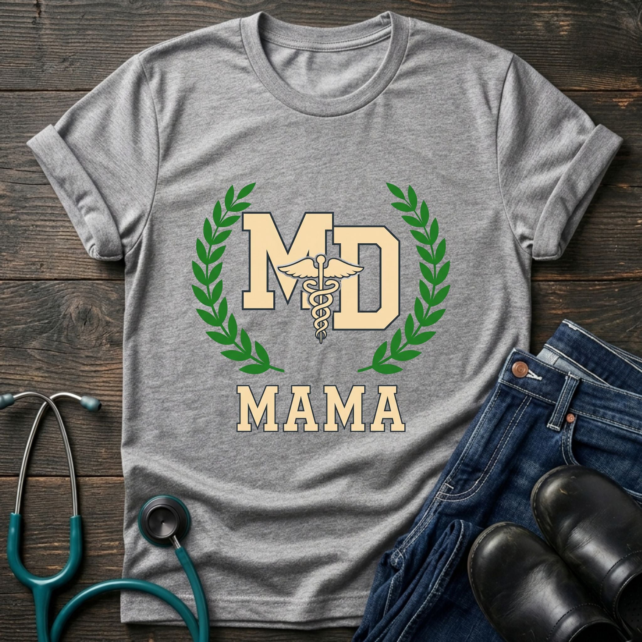 MD Mama College Crest Laurel Wreath Mom Tee - Sport Grey / XS | YOUSTOMIZE