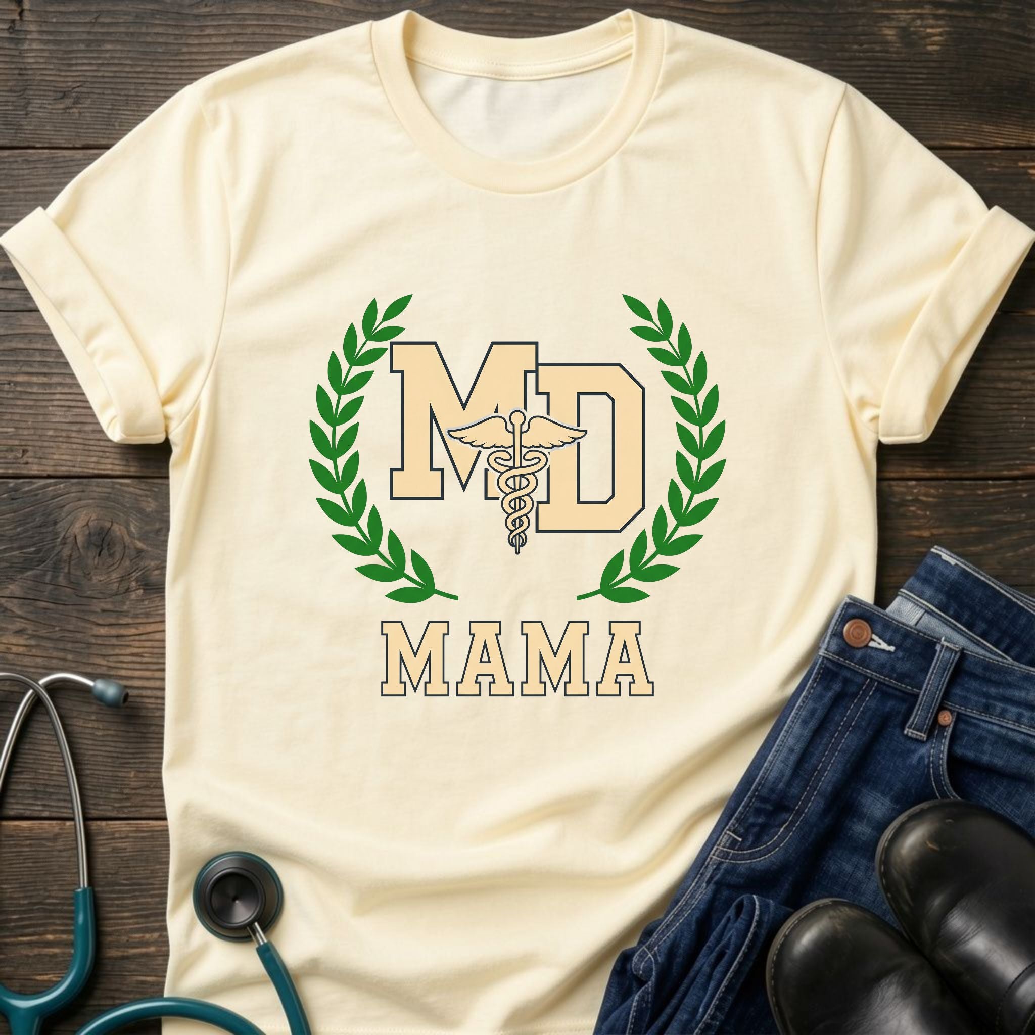 MD Mama College Crest Laurel Wreath Mom Tee - Sport Grey / XS | YOUSTOMIZE
