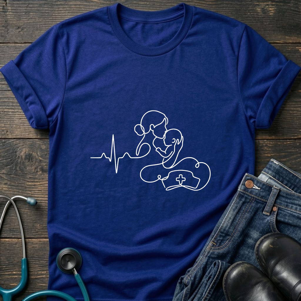Minimal Mother Baby Heartbeat Line Art Nurse Tee - Royal / XS | YOUSTOMIZE