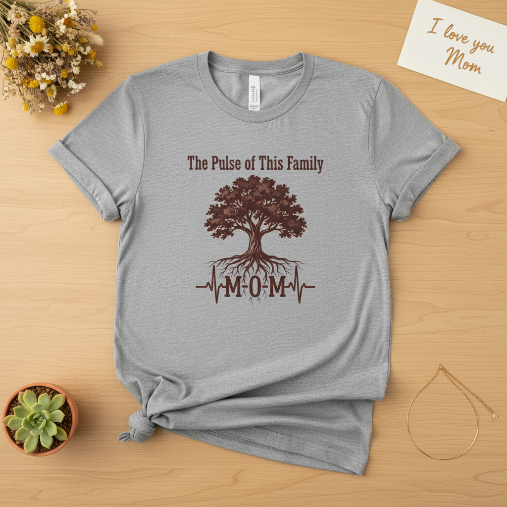 Mom Family Tree T-Shirt — "The Pulse of This Family" Heartbeat Graphic Tee-Sport Grey / XS-YOUSTOMIZE
