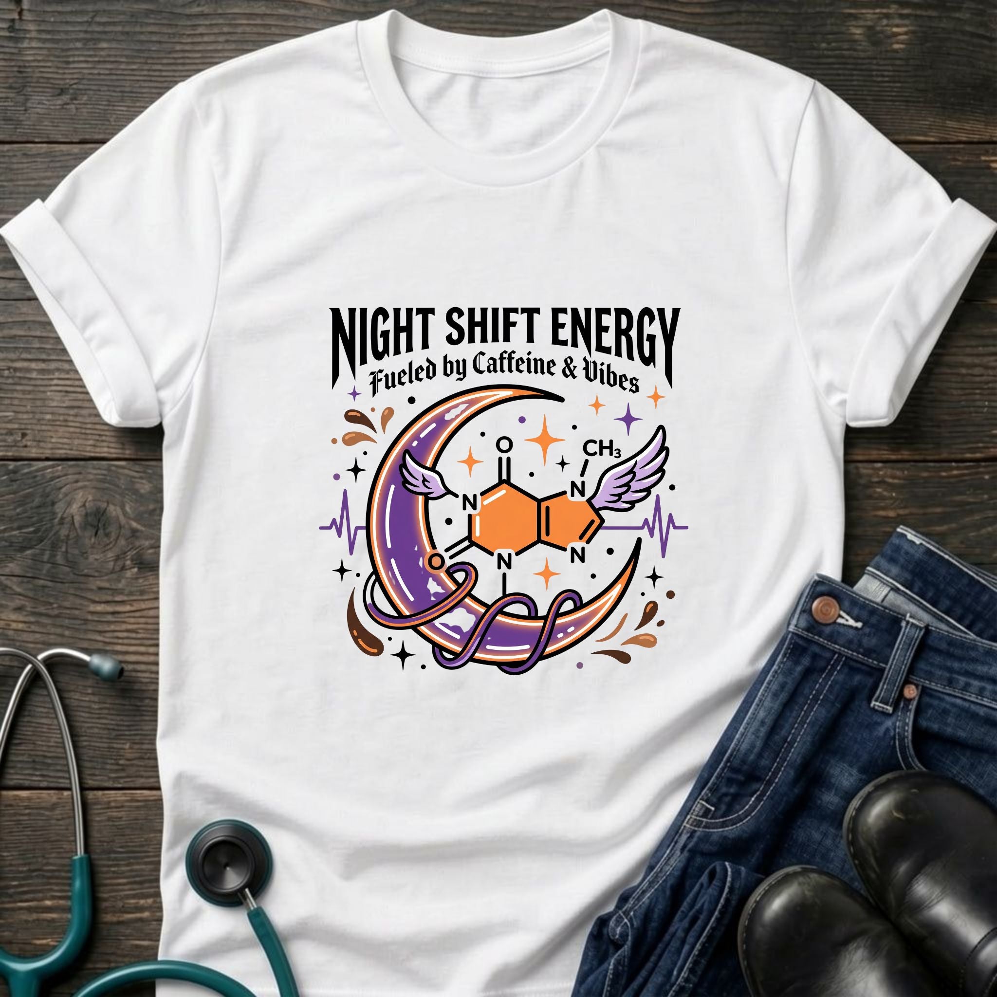 Night Shift Energy Caffeine and Vibes Night Owl Nurse Tee - Sport Grey / XS | YOUSTOMIZE