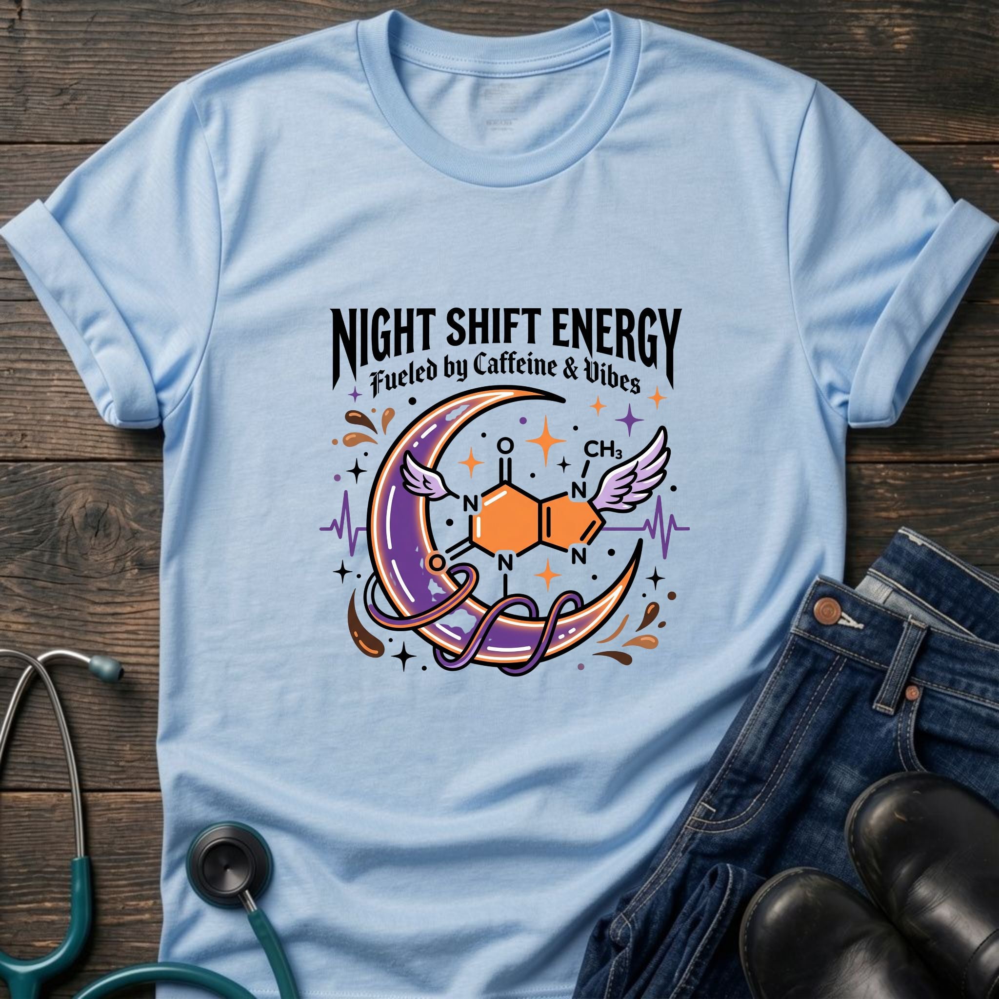 Night Shift Energy Caffeine and Vibes Night Owl Nurse Tee - Sport Grey / XS | YOUSTOMIZE