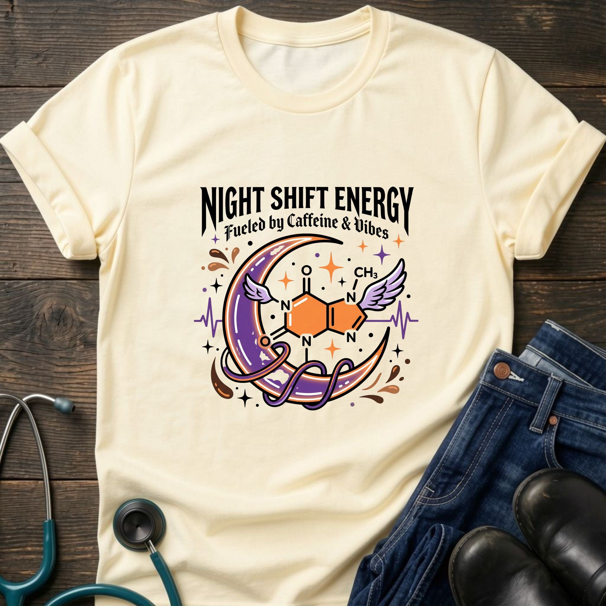 Night Shift Energy Caffeine and Vibes Night Owl Nurse Tee - Sport Grey / XS | YOUSTOMIZE