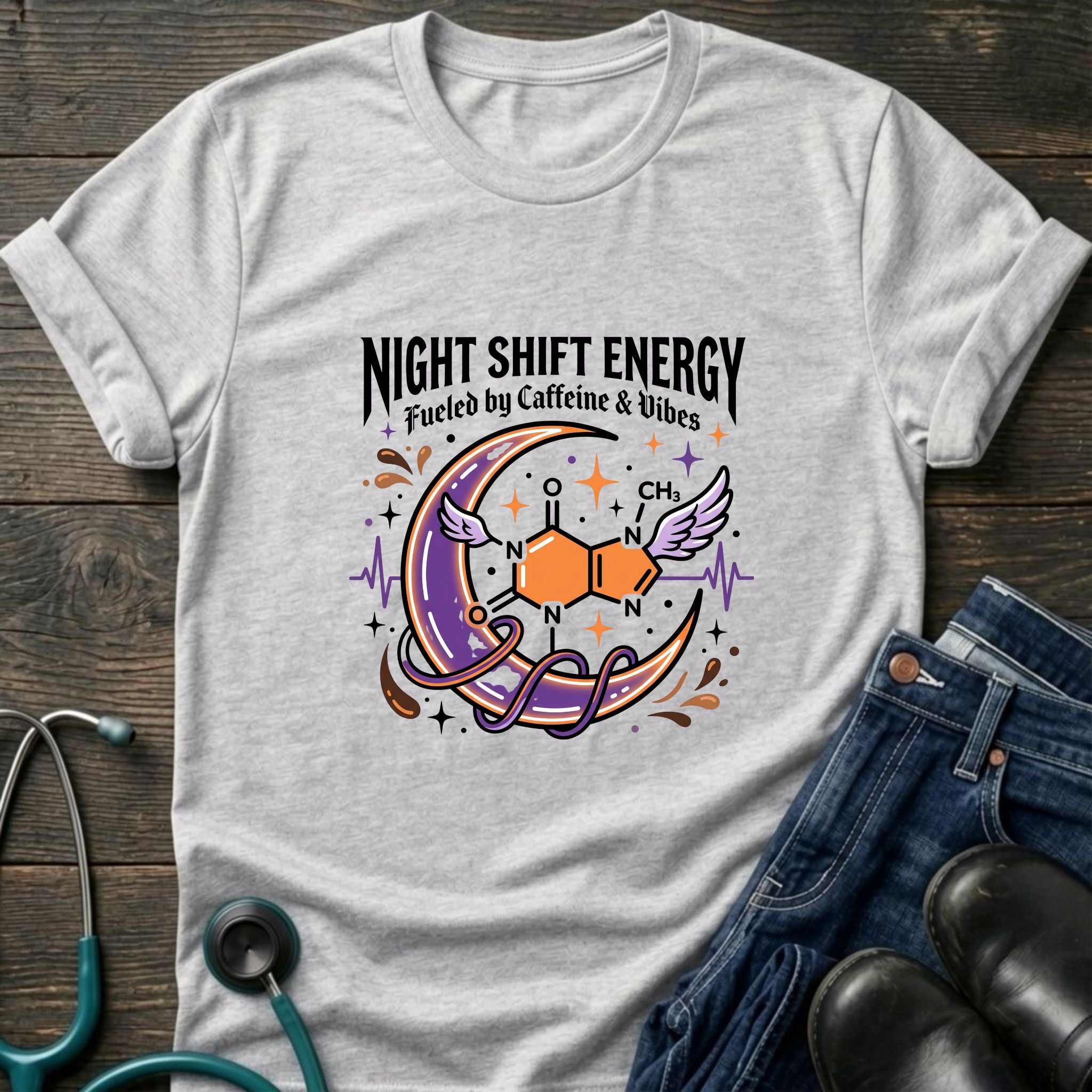 Night Shift Energy Caffeine and Vibes Night Owl Nurse Tee - Sport Grey / XS | YOUSTOMIZE