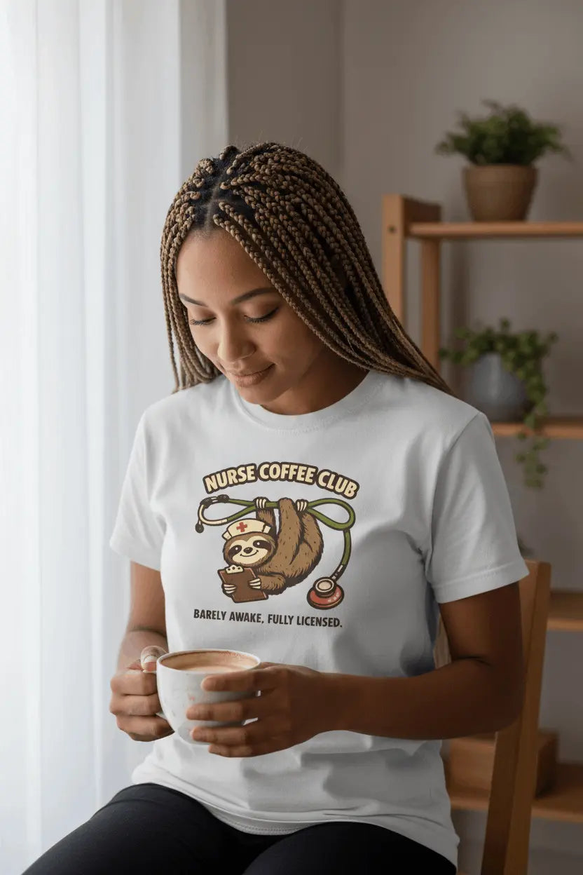Nurse Coffee Club T-Shirt — "Barely Awake, Fully Licensed" Sloth Nursing Tee - YOUSTOMIZE