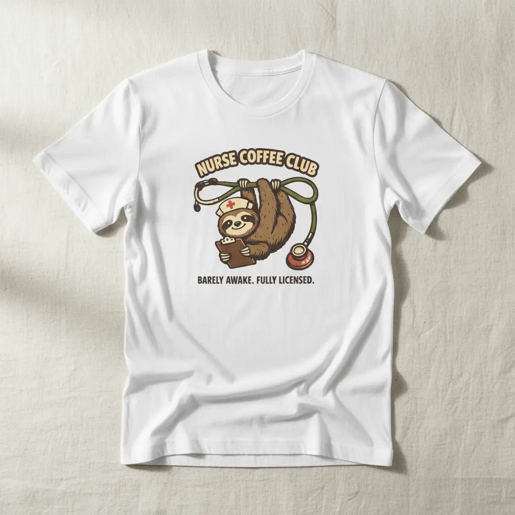 Nurse Coffee Club T-Shirt — "Barely Awake, Fully Licensed" Sloth Nursing Tee - YOUSTOMIZE
