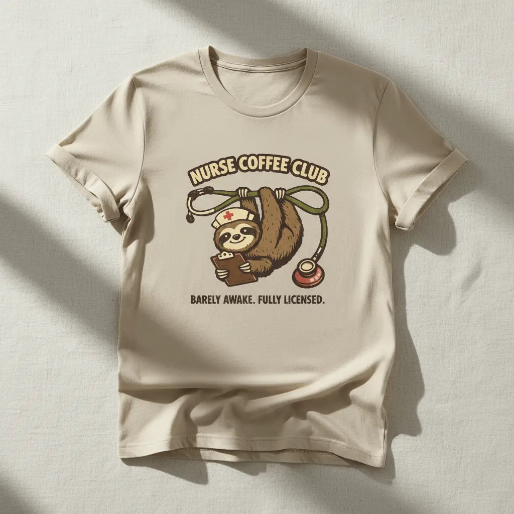 Nurse Coffee Club T-Shirt — "Barely Awake, Fully Licensed" Sloth Nursing Tee - YOUSTOMIZE