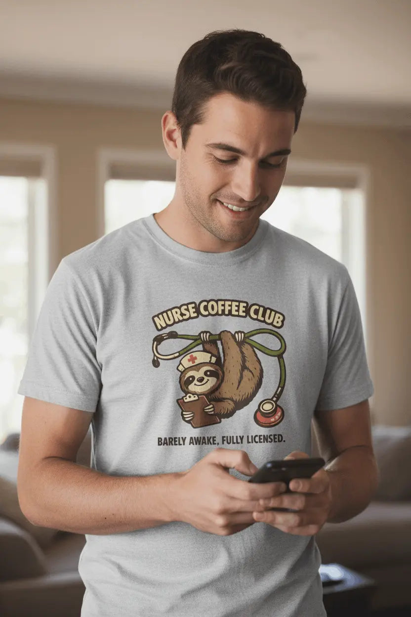 Nurse Coffee Club T-Shirt — "Barely Awake, Fully Licensed" Sloth Nursing Tee - YOUSTOMIZE