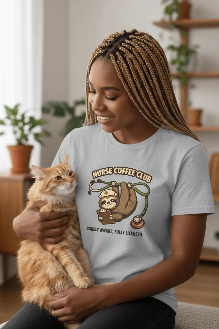 Nurse Coffee Club T-Shirt — "Barely Awake, Fully Licensed" Sloth Nursing Tee - YOUSTOMIZE