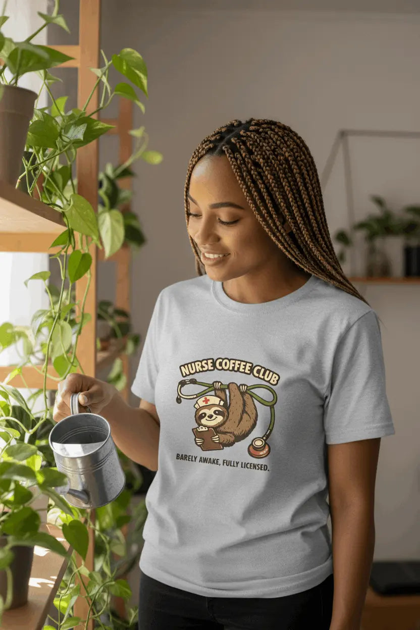 Nurse Coffee Club T-Shirt — "Barely Awake, Fully Licensed" Sloth Nursing Tee - YOUSTOMIZE
