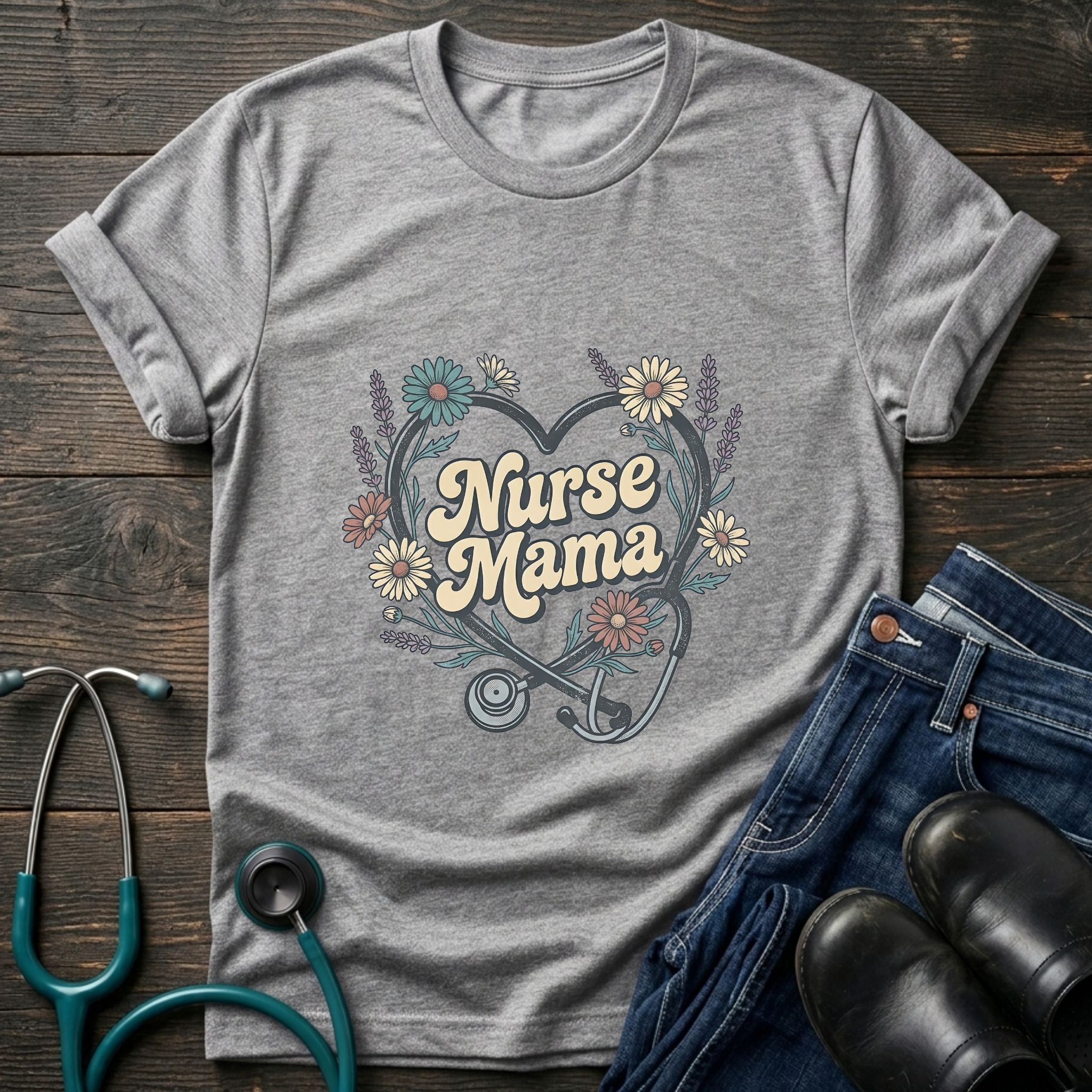 Nurse Mama Floral Stethoscope Retro Graphic Tee - Sport Grey / XS | YOUSTOMIZE