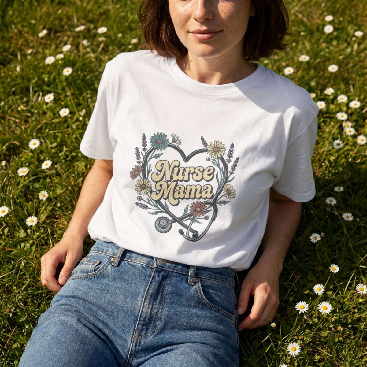 Nurse Mama Floral Stethoscope T-Shirt — Nurse Mom Gift Tee - White / XS YOUSTOMIZE