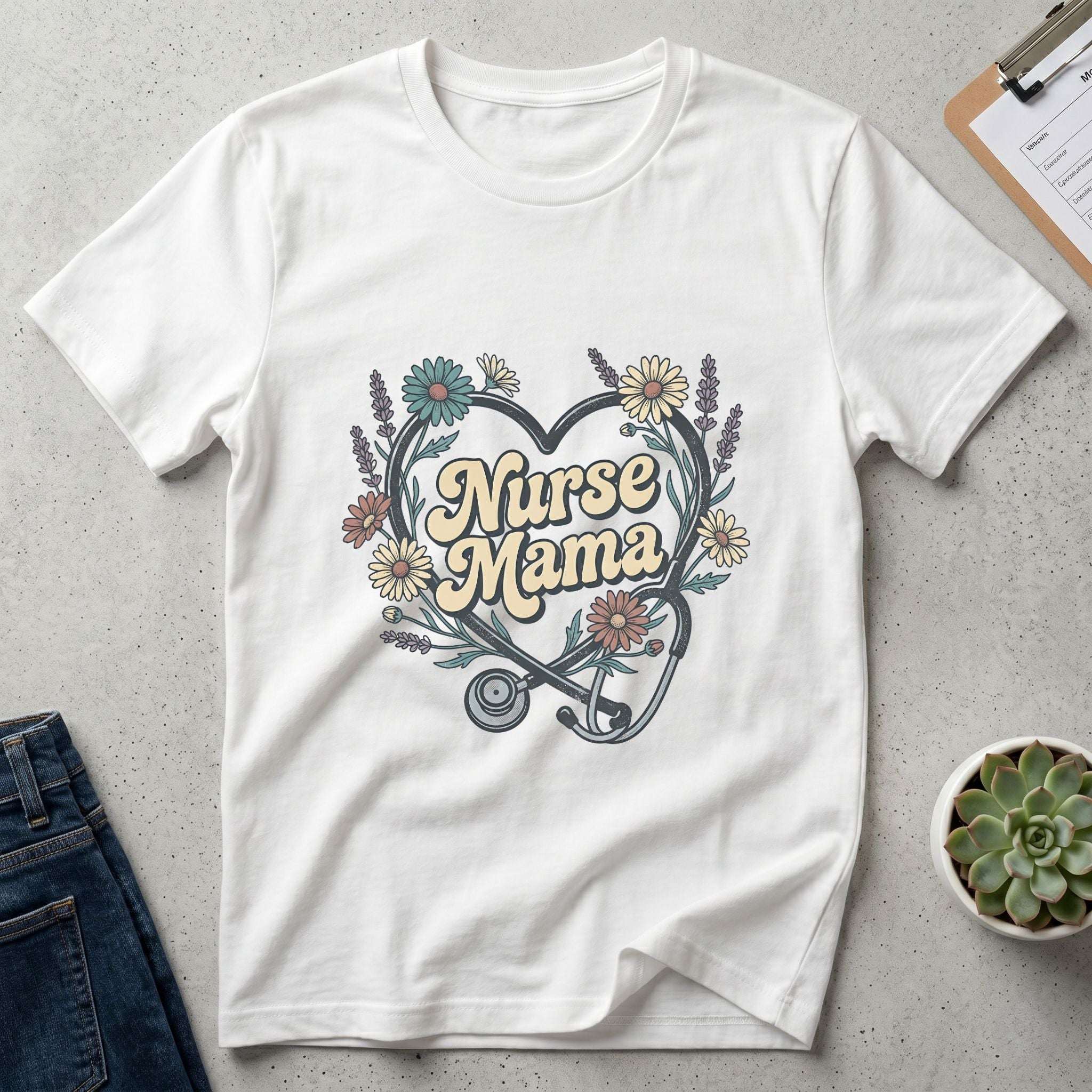 Nurse Mama Floral Stethoscope T-Shirt — Nurse Mom Gift Tee - White / XS YOUSTOMIZE