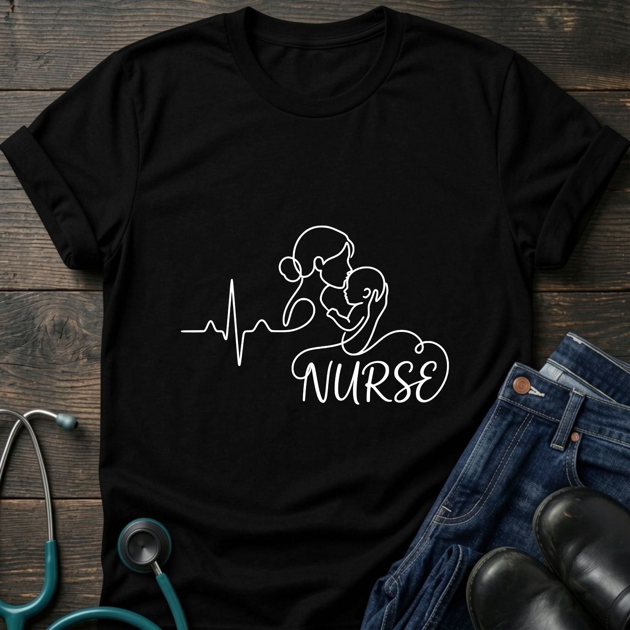 Nurse Mom Heartbeat Stethoscope Line Art Tee - Dark Heather Grey / XS | YOUSTOMIZE