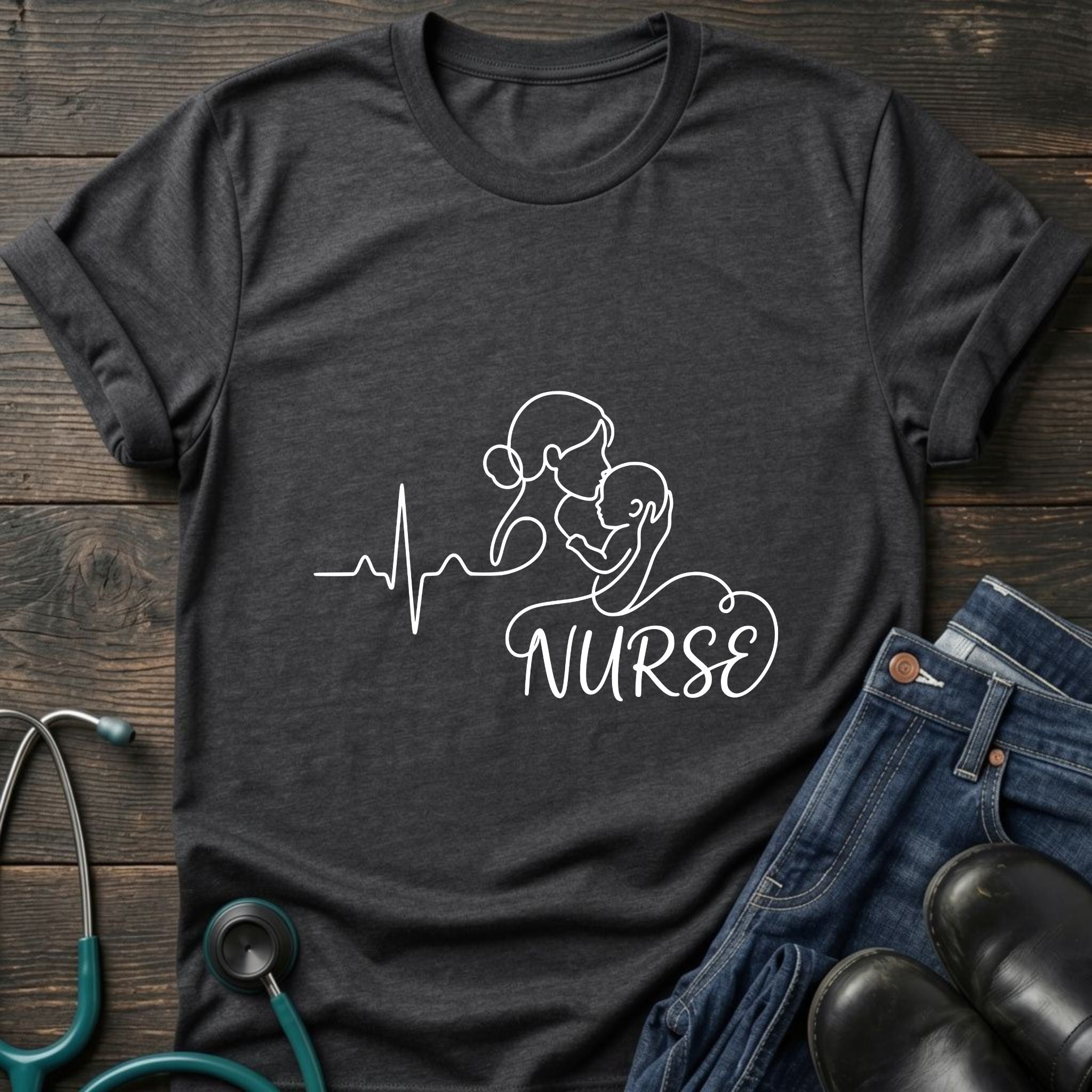 Nurse Mom Heartbeat Stethoscope Line Art Tee - Dark Heather Grey / XS | YOUSTOMIZE