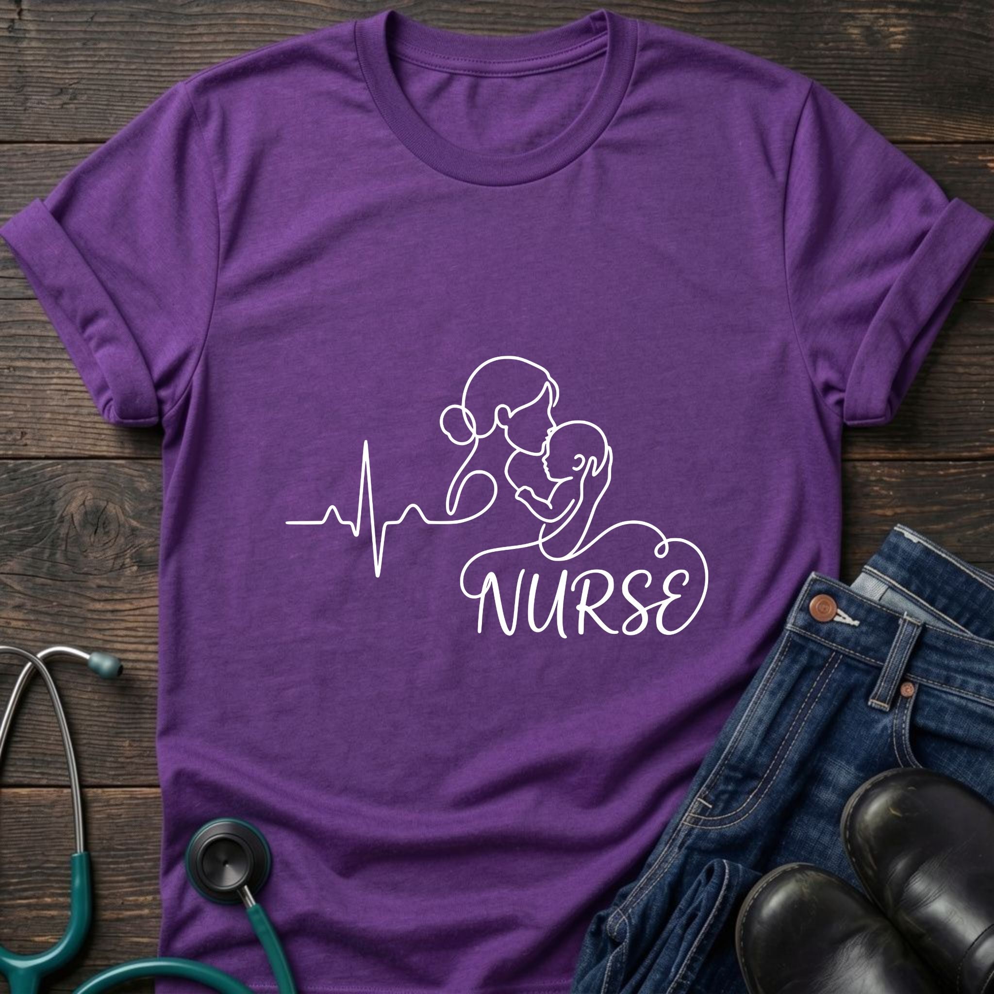 Nurse Mom Heartbeat Stethoscope Line Art Tee - Dark Heather Grey / XS | YOUSTOMIZE