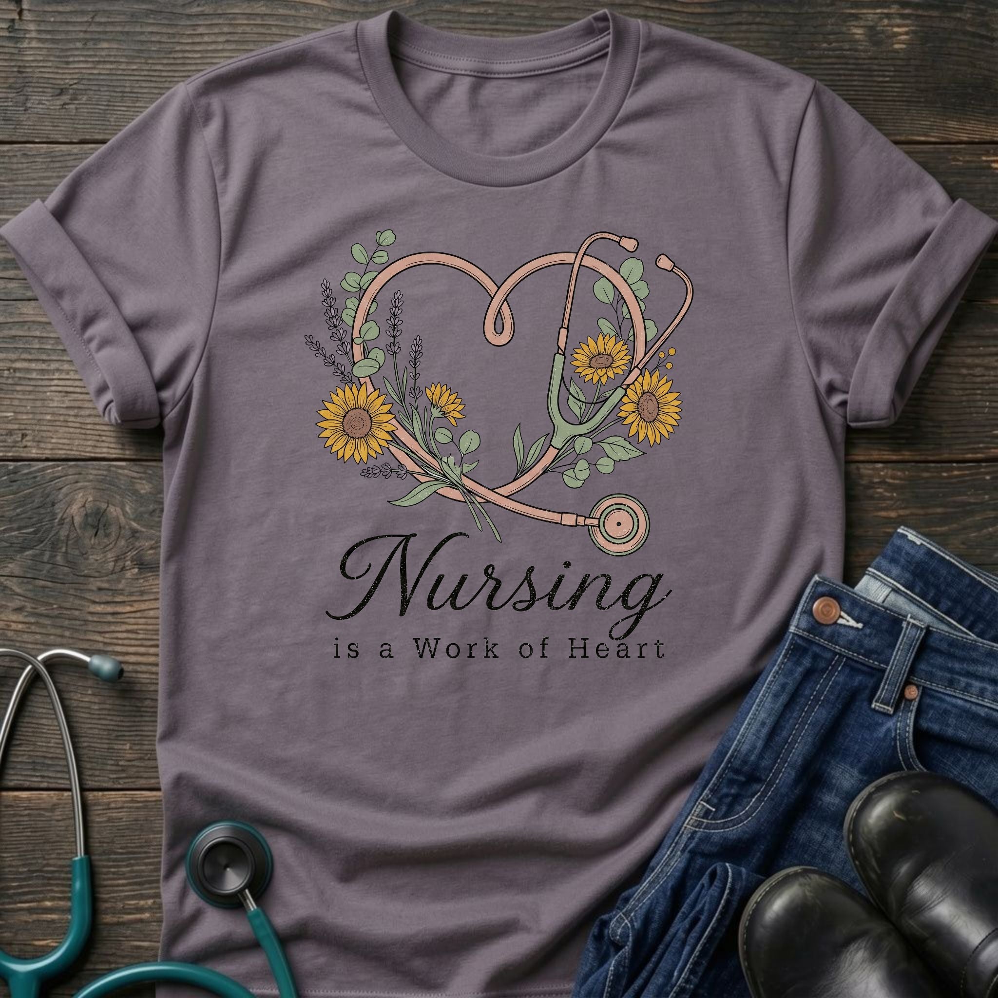 Nursing Is a Work of Heart Floral Stethoscope Tee - Sport Grey / XS | YOUSTOMIZE