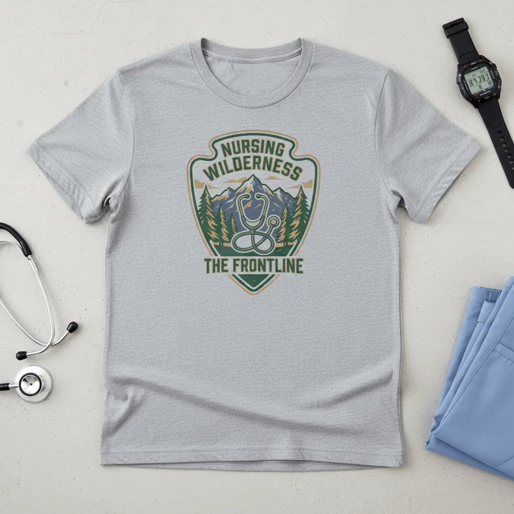 Nursing Wilderness T-Shirt — "The Frontline" Outdoor Nurse Stethoscope Badge - YOUSTOMIZE