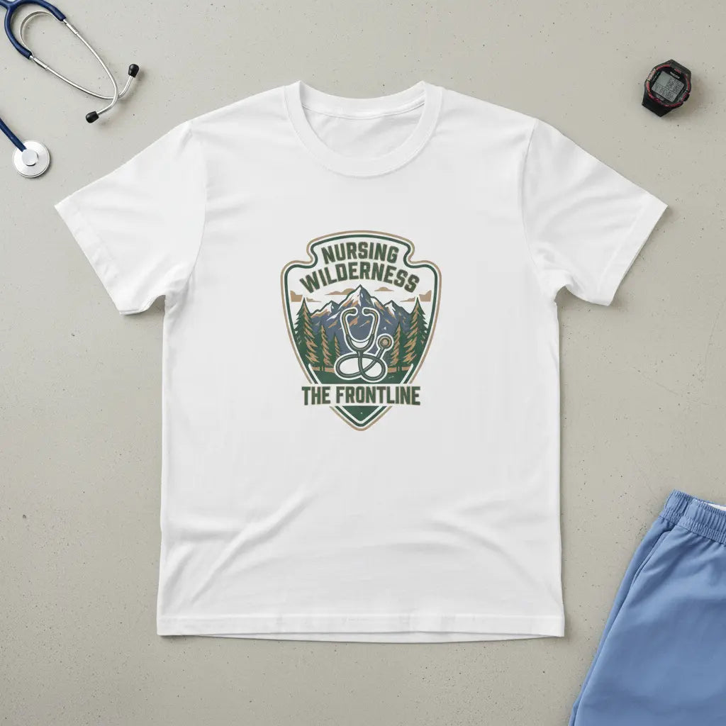 Nursing Wilderness T-Shirt — "The Frontline" Outdoor Nurse Stethoscope Badge - YOUSTOMIZE