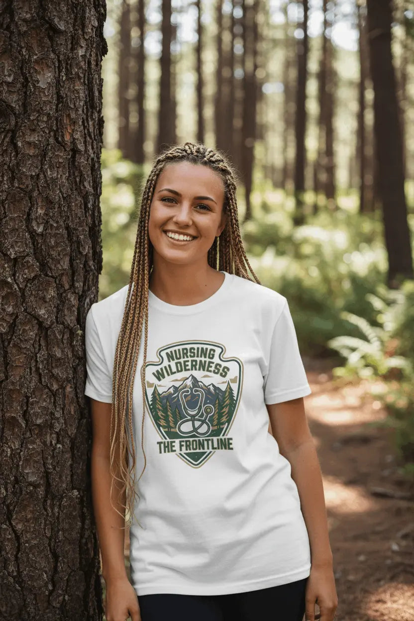 Nursing Wilderness T-Shirt — "The Frontline" Outdoor Nurse Stethoscope Badge - YOUSTOMIZE