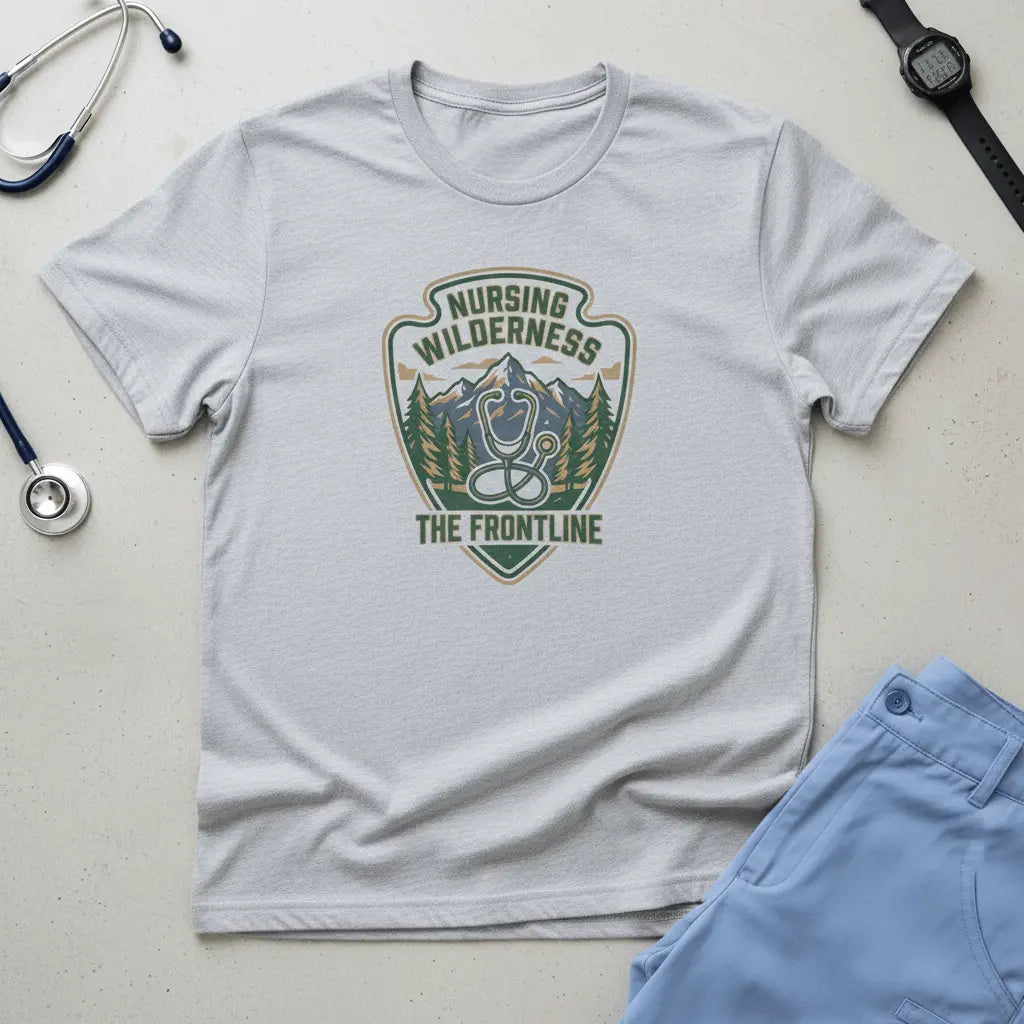 Nursing Wilderness T-Shirt — "The Frontline" Outdoor Nurse Stethoscope Badge - YOUSTOMIZE