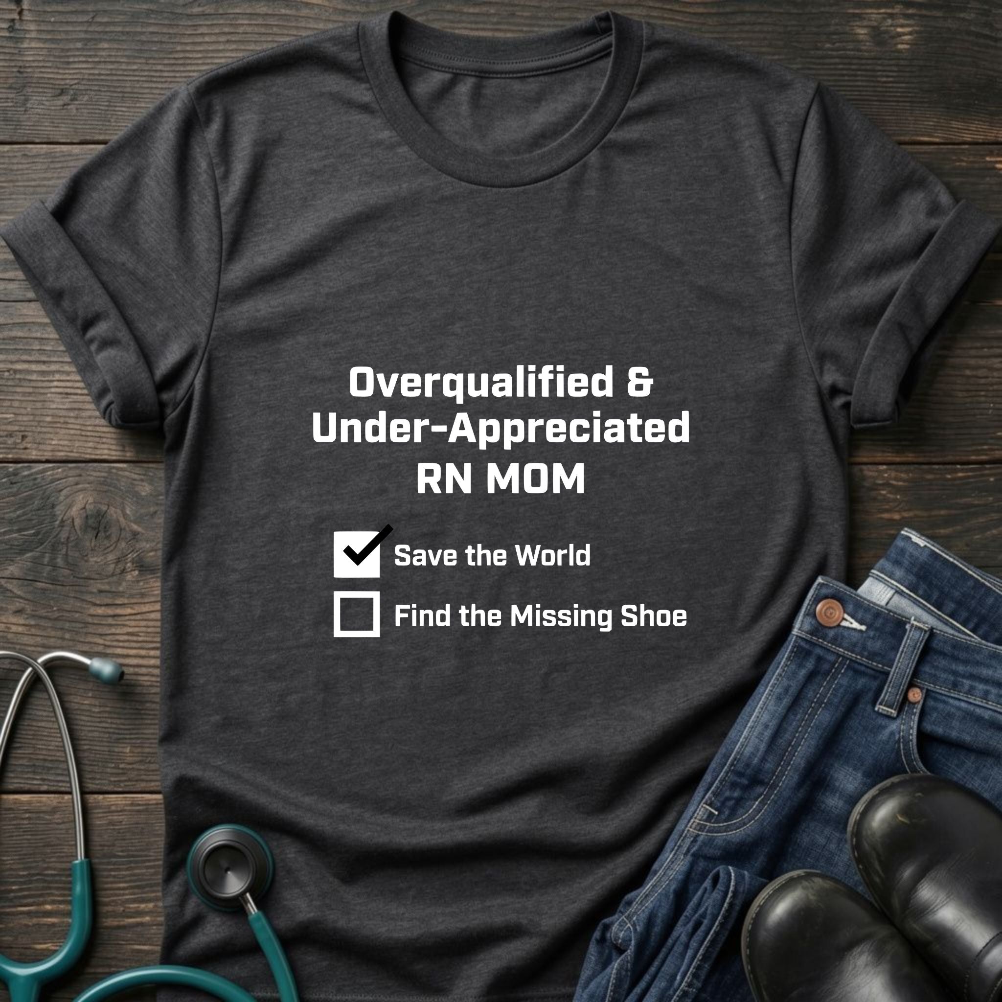 Overqualified Under-Appreciated RN Mom Checklist Tee - Navy / XS | YOUSTOMIZE