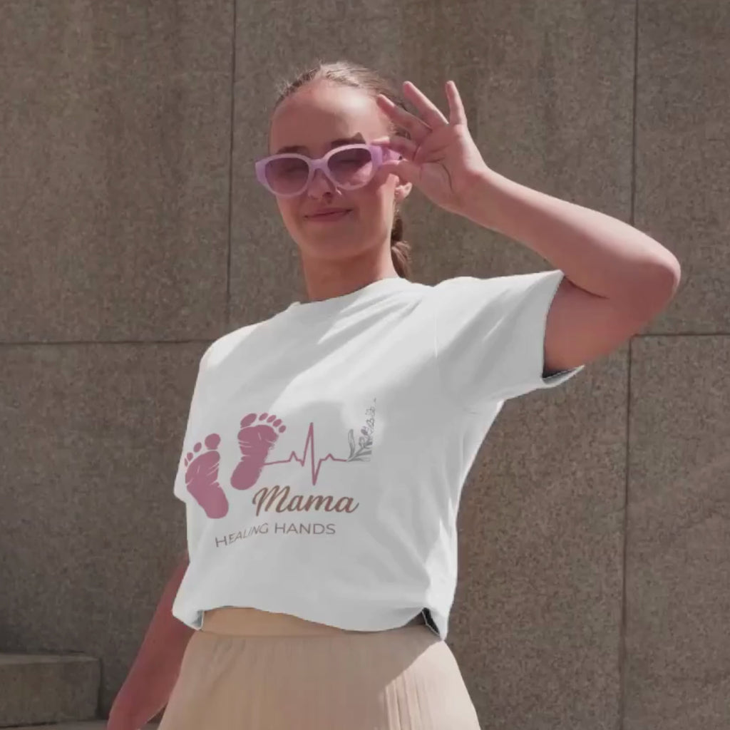 Mama Healing Hands T-Shirt — Baby Footprint & Heartbeat Maternity Tee for Nurse Moms