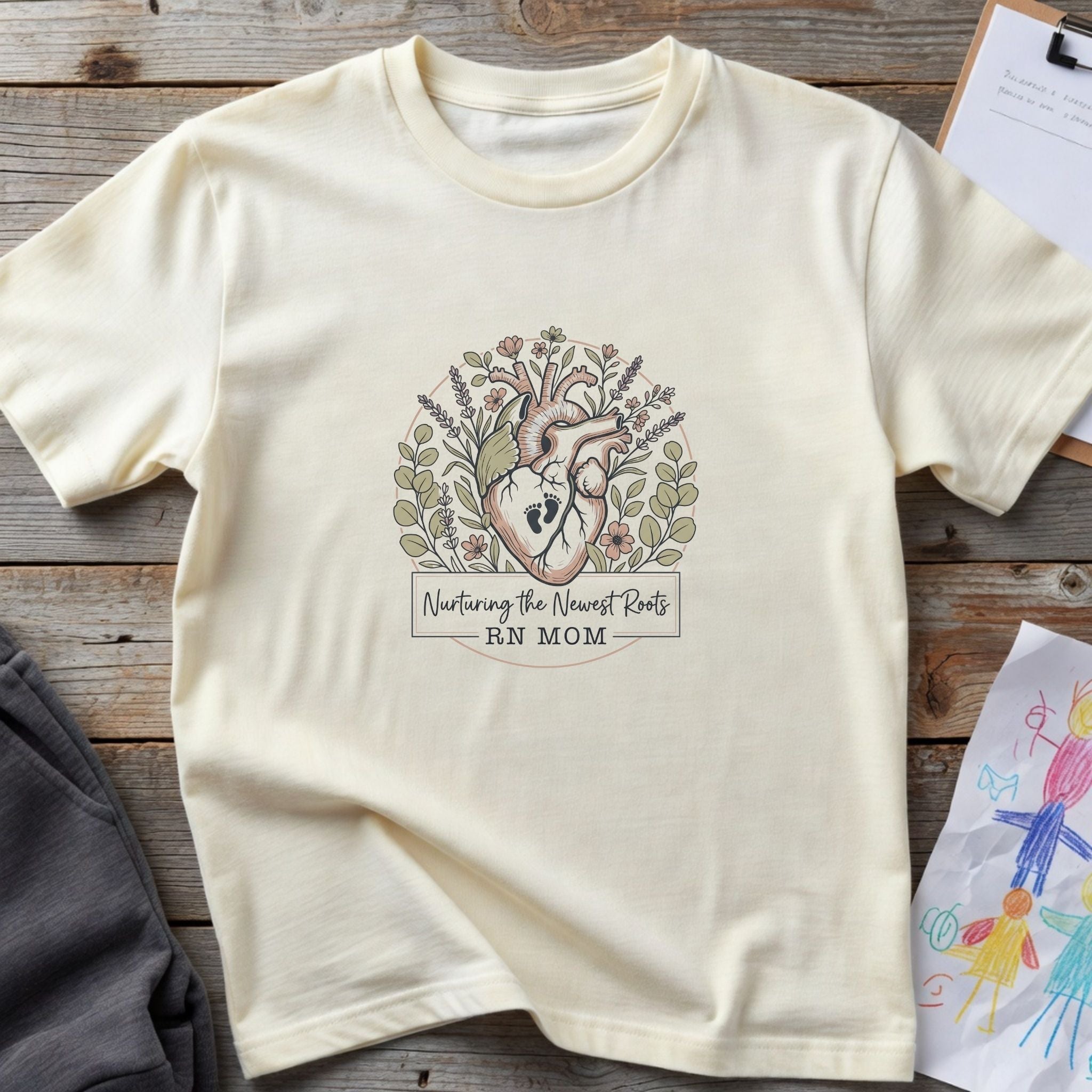 RN Mom T-Shirt — Nurturing the Human Heart Floral Design-Natural / S-YOUSTOMIZE