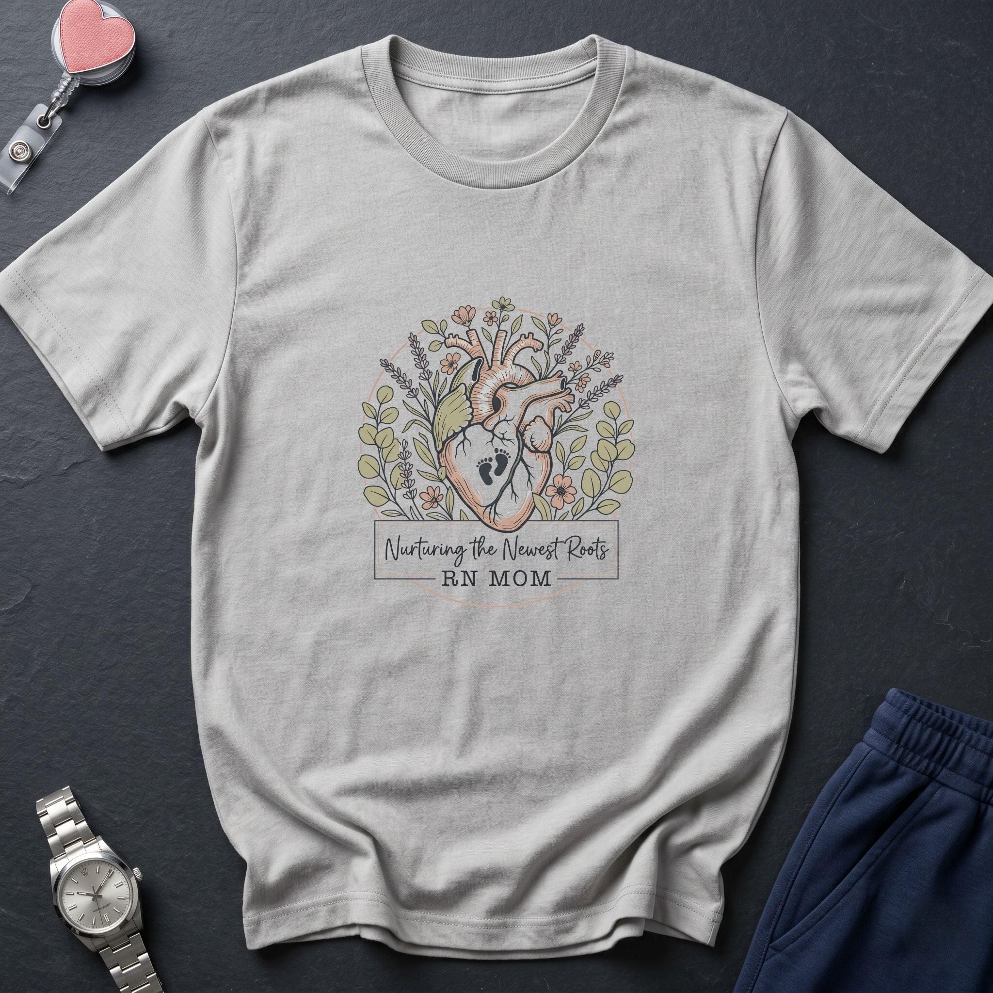 RN Mom T-Shirt — Nurturing the Human Heart Floral Design-Natural / S-YOUSTOMIZE