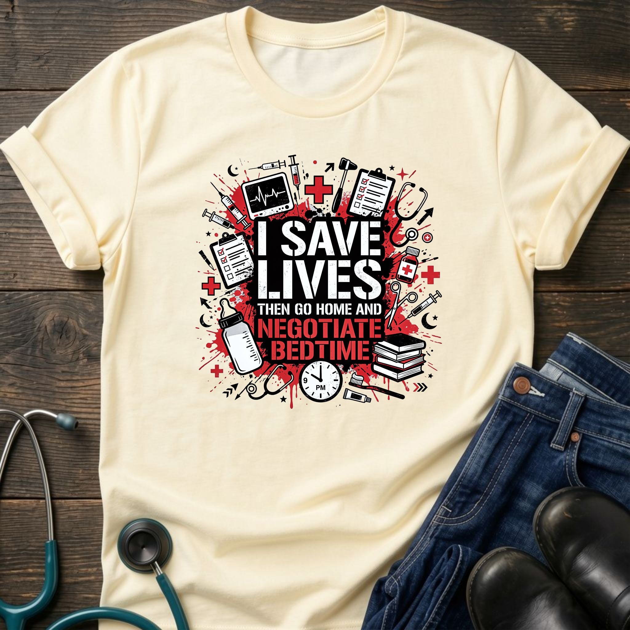 Save Lives Then Negotiate Bedtime Nurse Mom Tee - Sport Grey / XS | YOUSTOMIZE