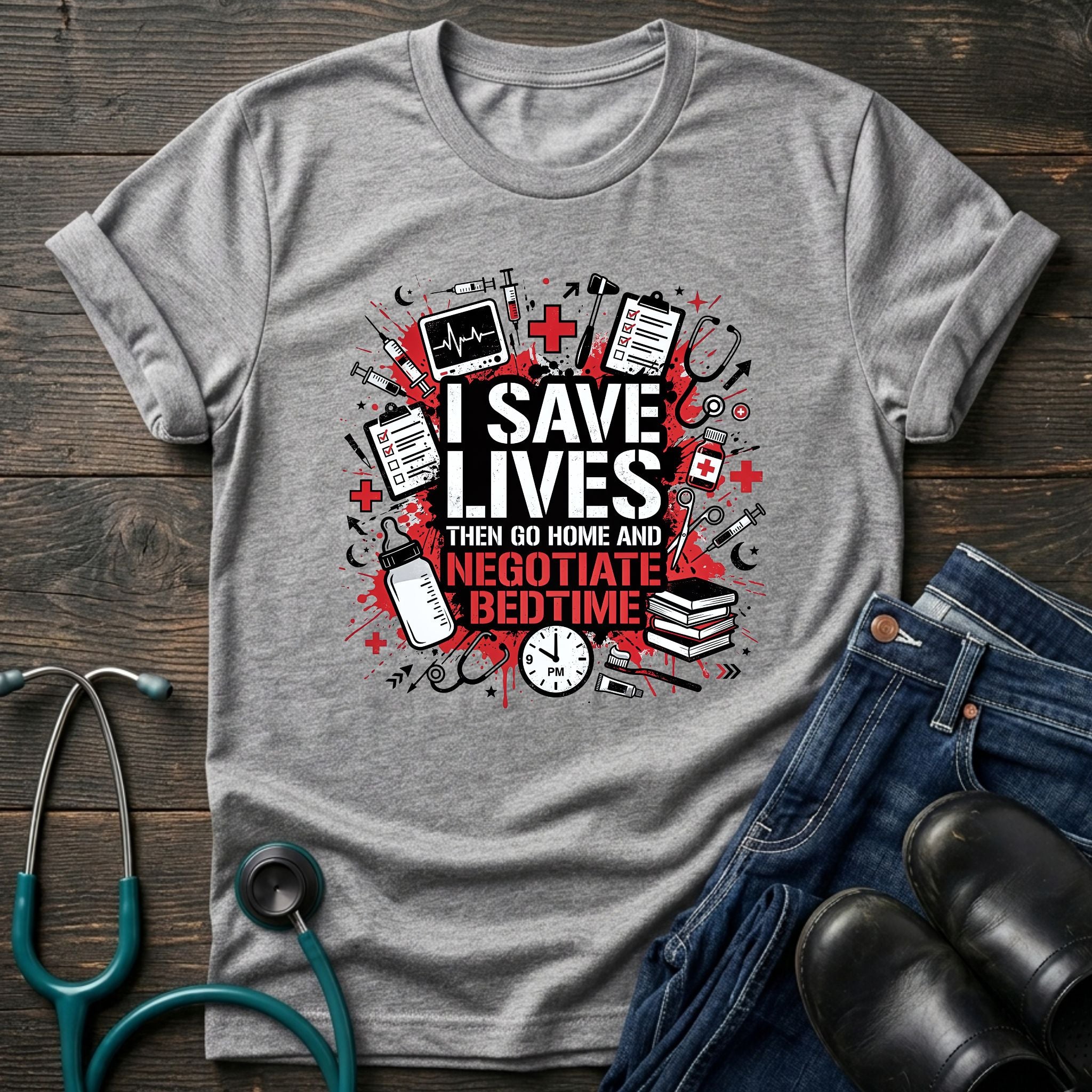 Save Lives Then Negotiate Bedtime Nurse Mom Tee - Sport Grey / XS | YOUSTOMIZE