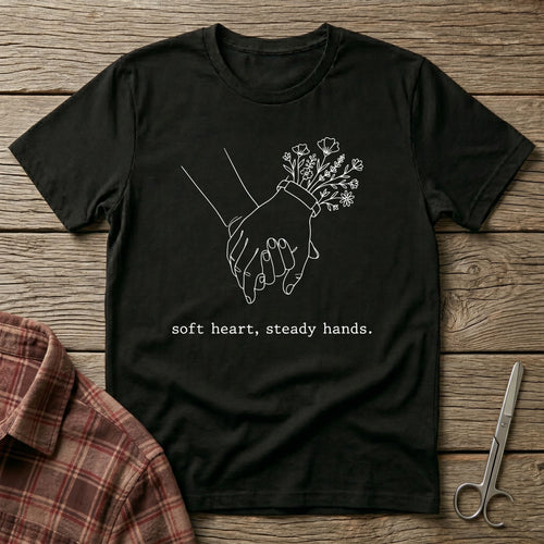 Soft Heart, Steady Hands T-Shirt — Minimalist Hand-Holding Nurse Design-Black / XS-YOUSTOMIZE