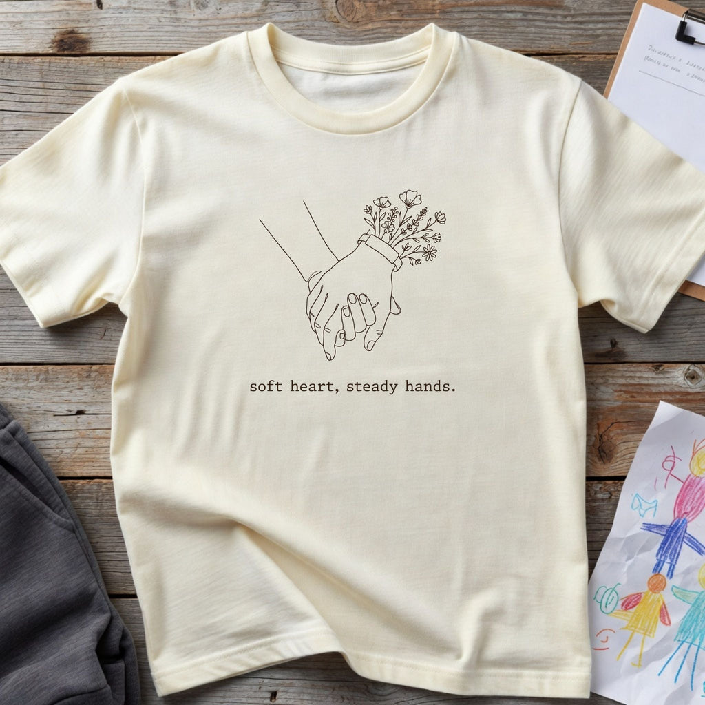 Soft Heart, Steady Hands T-Shirt — Minimalist Hand-Holding Nurse Design-Black / XS-YOUSTOMIZE