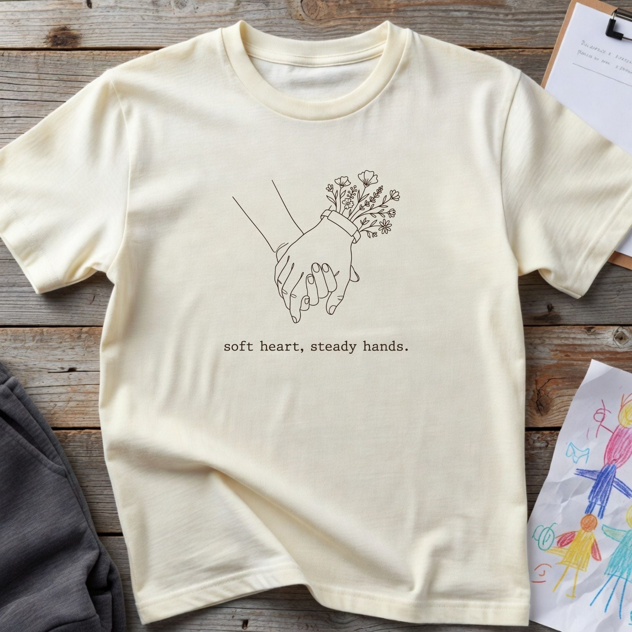 Soft Heart, Steady Hands T-Shirt — Minimalist Hand-Holding Nurse Design-Black / XS-YOUSTOMIZE