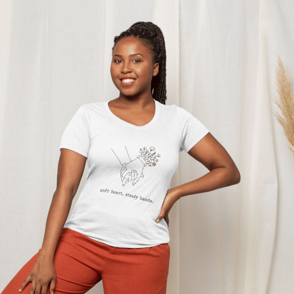 Soft Heart, Steady Hands T-Shirt — Minimalist Hand-Holding Nurse Design-Black / XS-YOUSTOMIZE