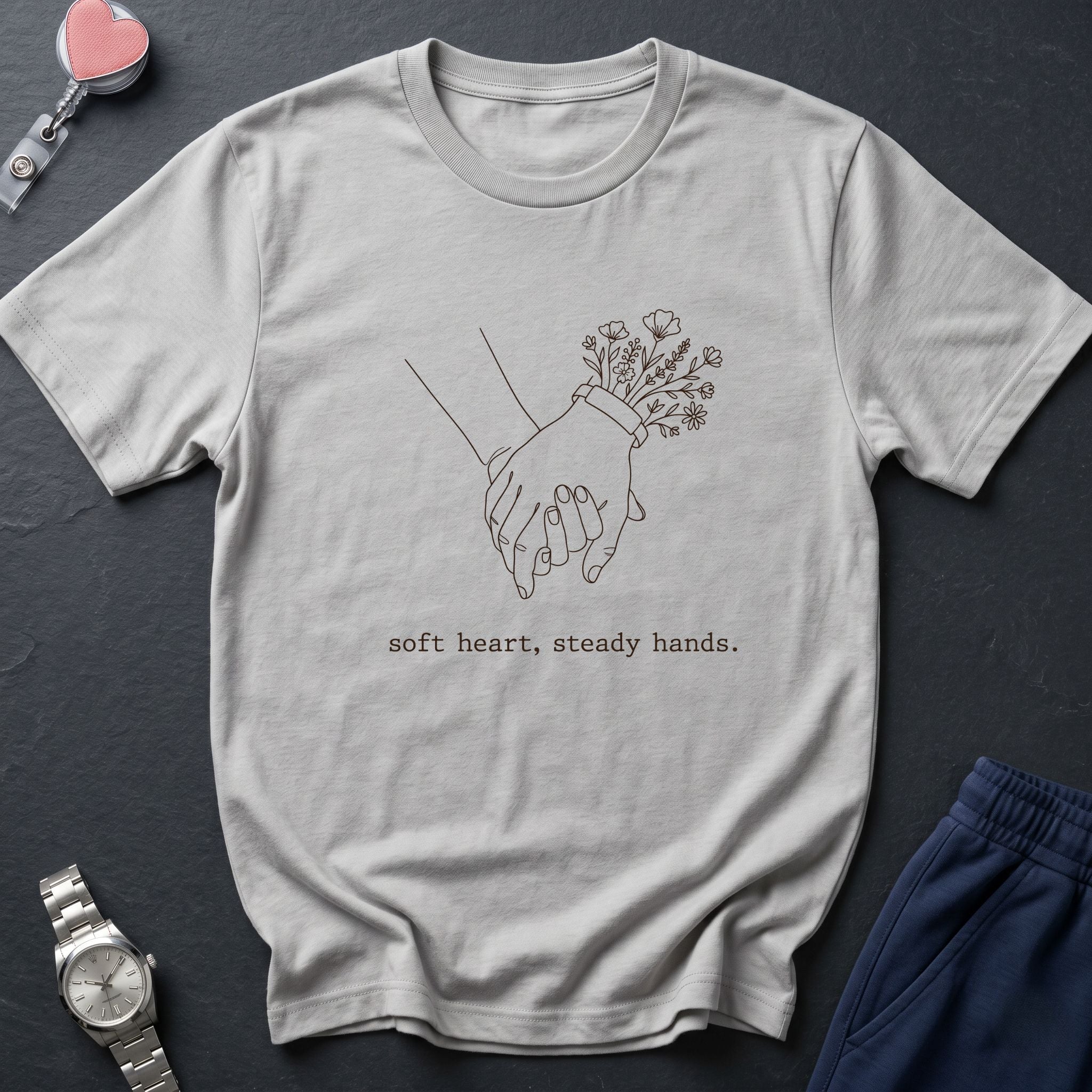 Soft Heart, Steady Hands T-Shirt — Minimalist Hand-Holding Nurse Design-Black / XS-YOUSTOMIZE