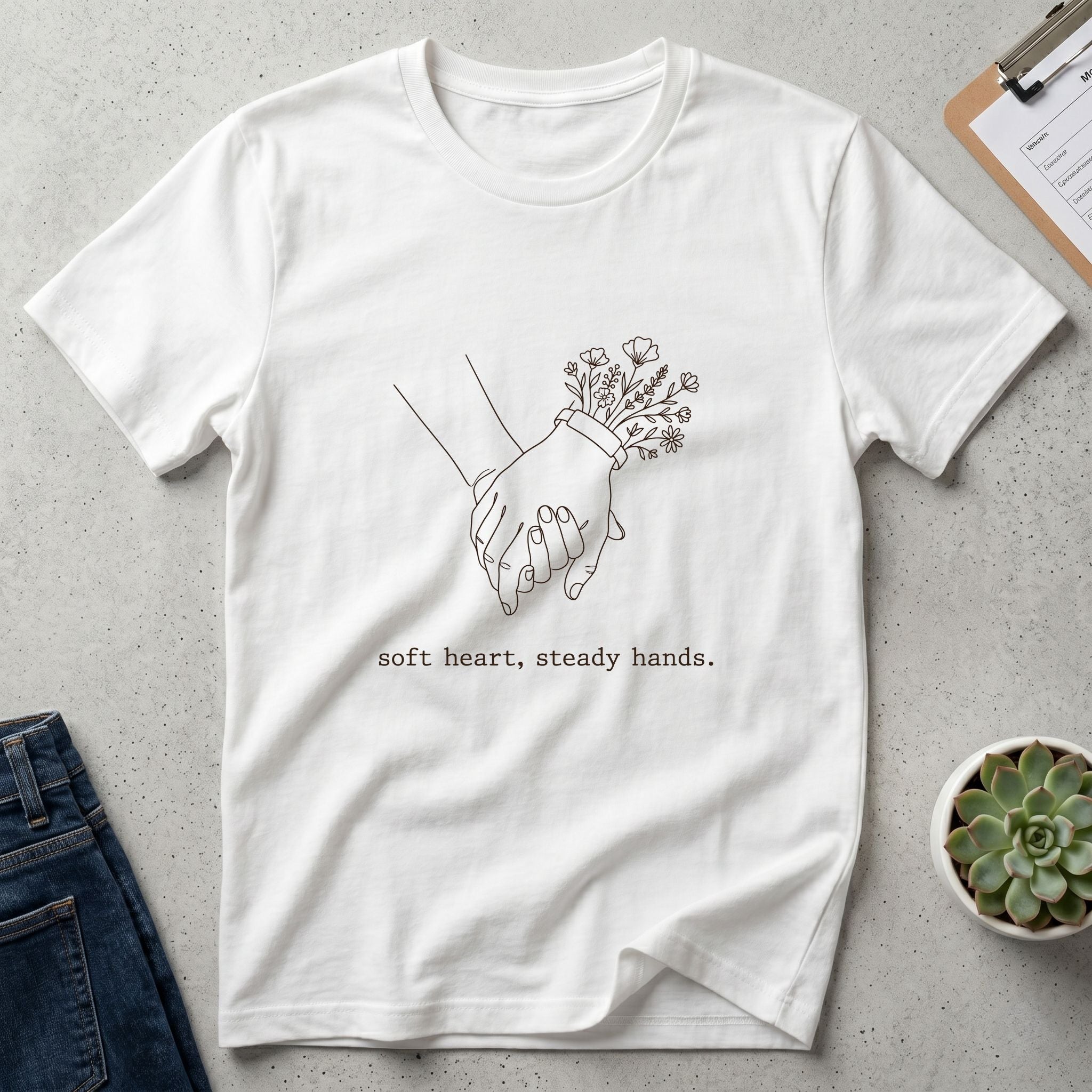 Soft Heart, Steady Hands T-Shirt — Minimalist Hand-Holding Nurse Design-Black / XS-YOUSTOMIZE
