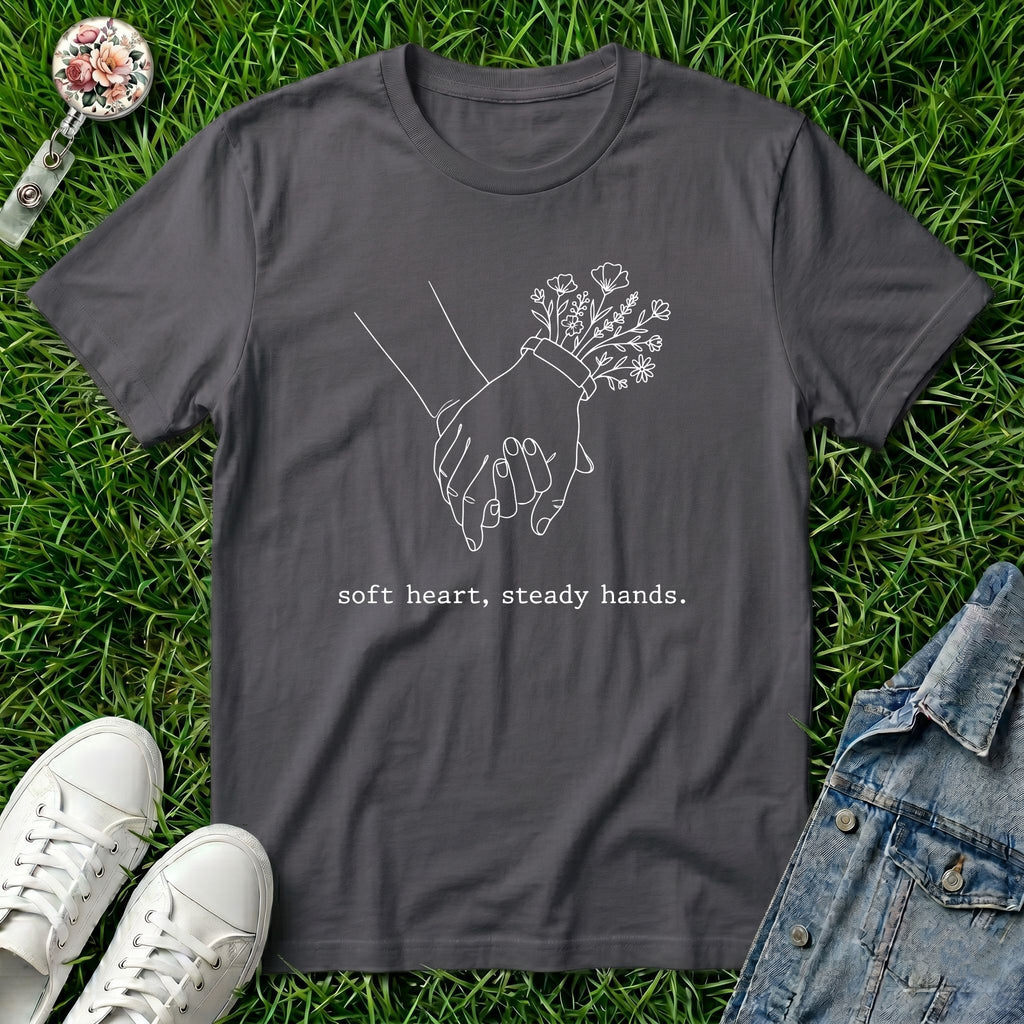Soft Heart, Steady Hands T-Shirt — Minimalist Hand-Holding Nurse Design-Black / XS-YOUSTOMIZE