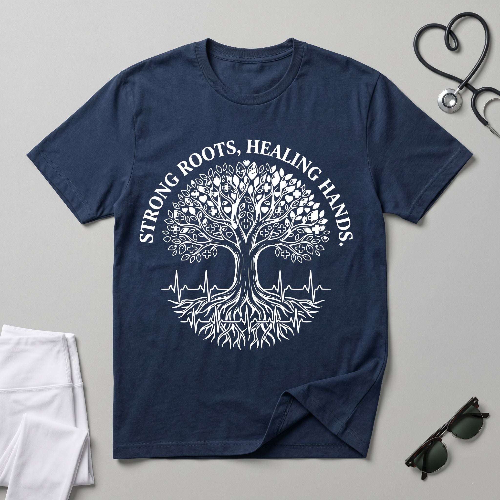 Strong Roots, Healing Hands T-Shirt — Tree of Life Nurse Tee - Navy / XS YOUSTOMIZE