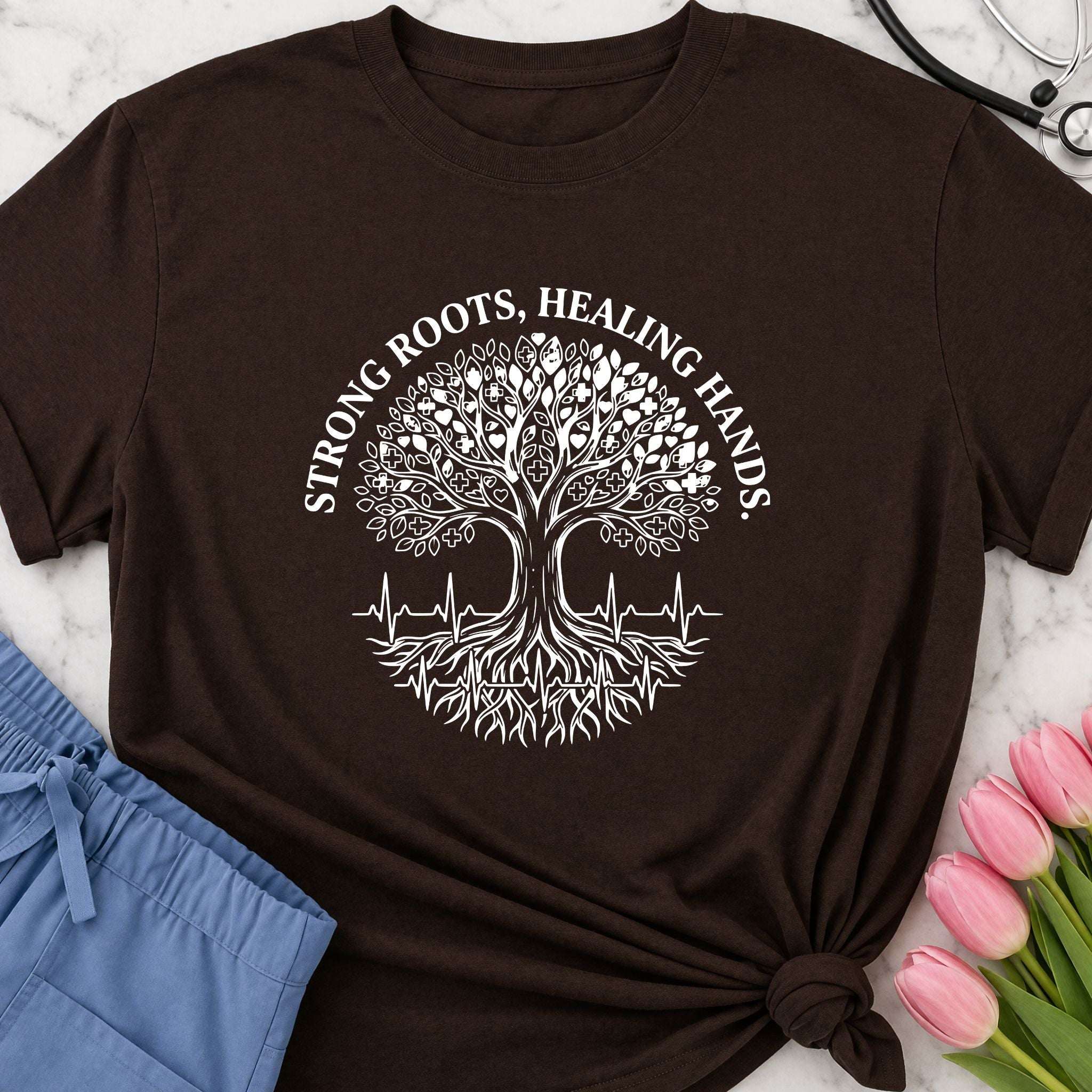 Strong Roots, Healing Hands T-Shirt — Tree of Life Nurse Tee - Navy / XS YOUSTOMIZE