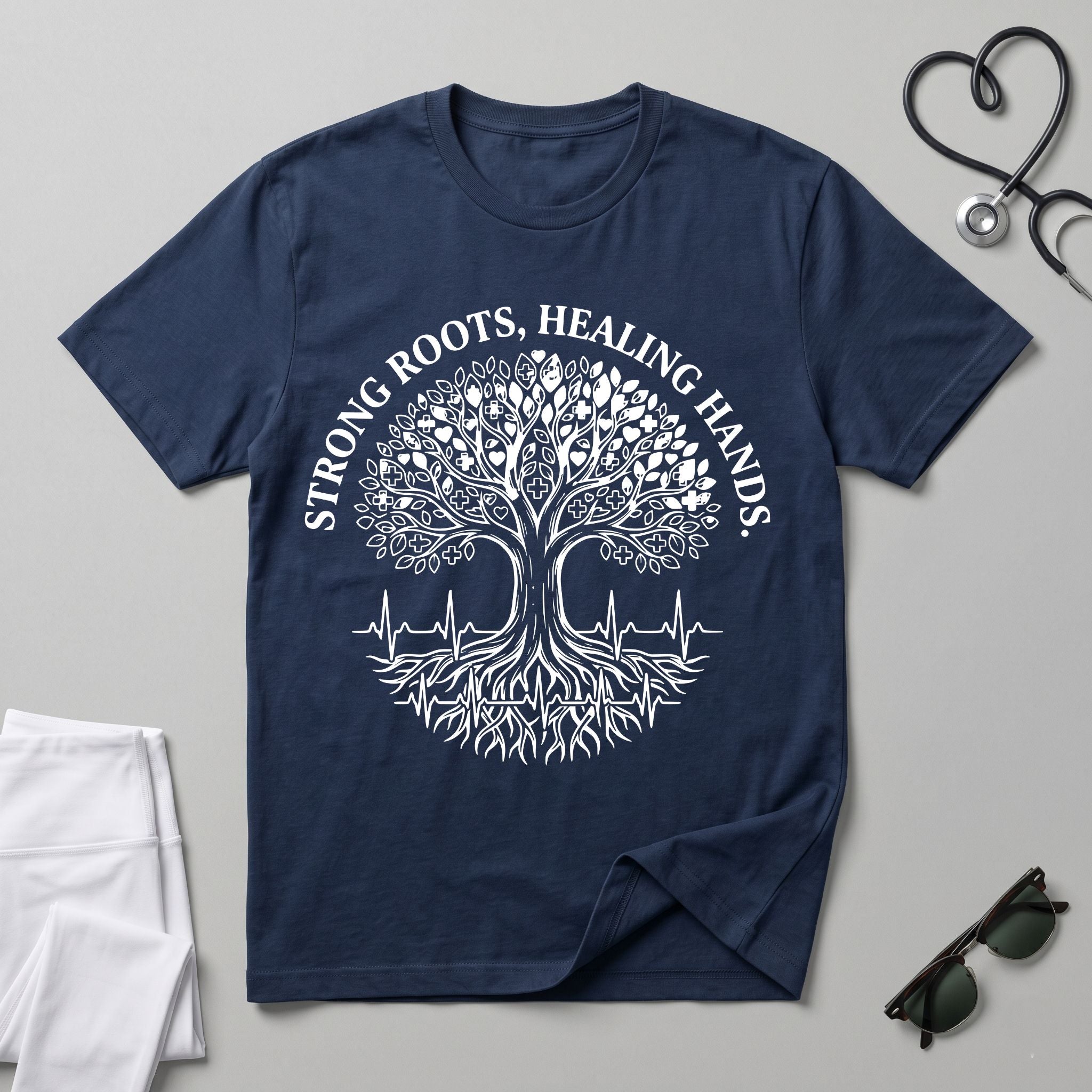 Strong Roots, Healing Hands T-Shirt — Tree of Life Nurse Tee-Navy / XS-YOUSTOMIZE