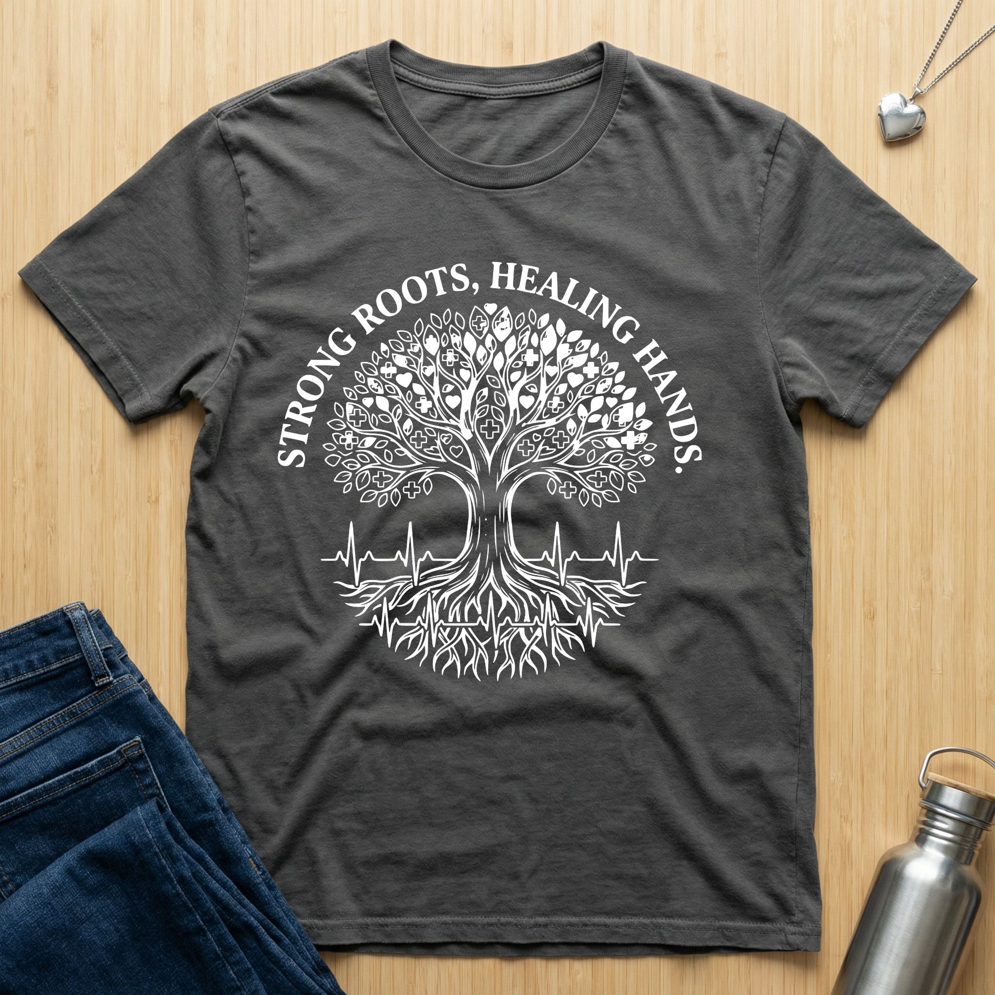 Strong Roots, Healing Hands T-Shirt — Tree of Life Nurse Tee-Navy / XS-YOUSTOMIZE