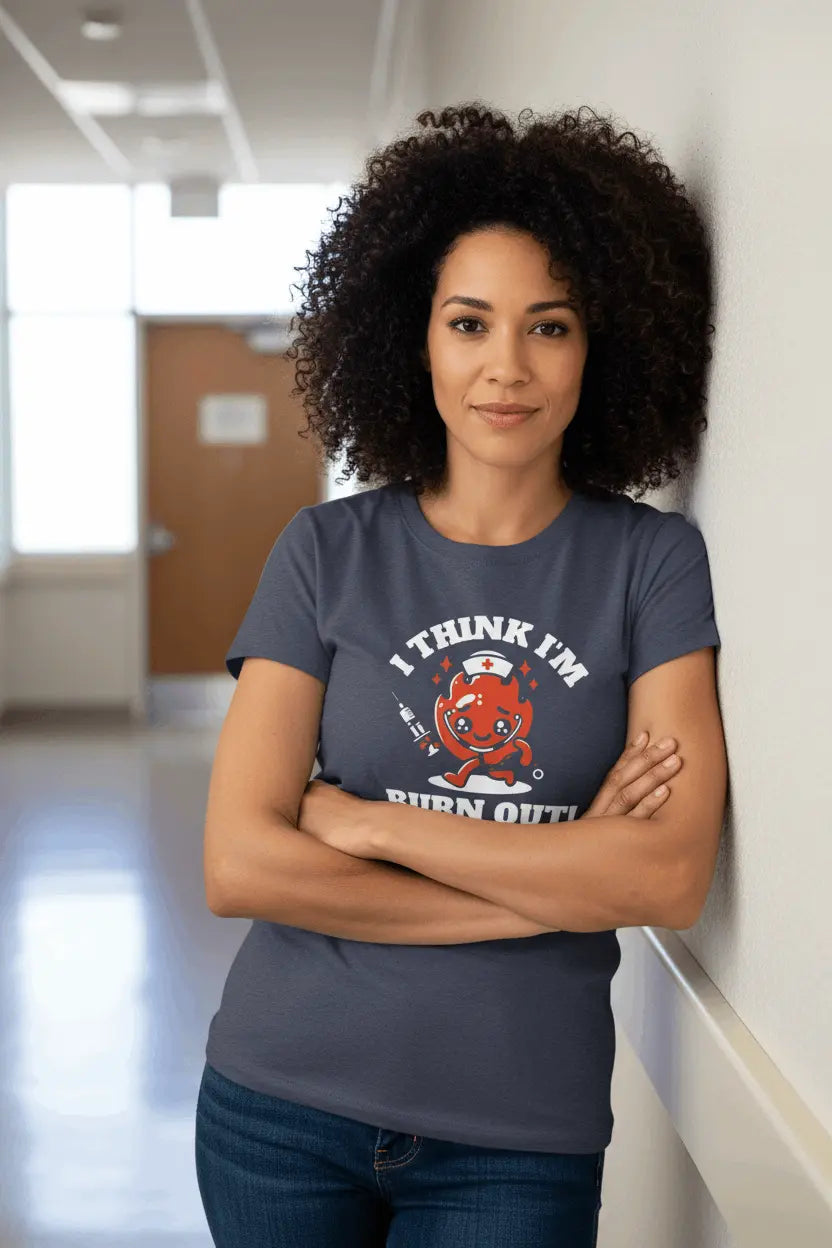 T-Shirt — "I Think I'm Burn Out!" Cute Nurse Heart Cartoon Tee - YOUSTOMIZE