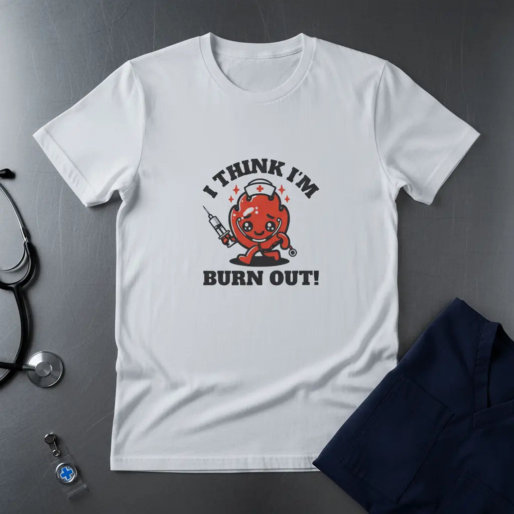 T-Shirt — "I Think I'm Burn Out!" Cute Nurse Heart Cartoon Tee - YOUSTOMIZE