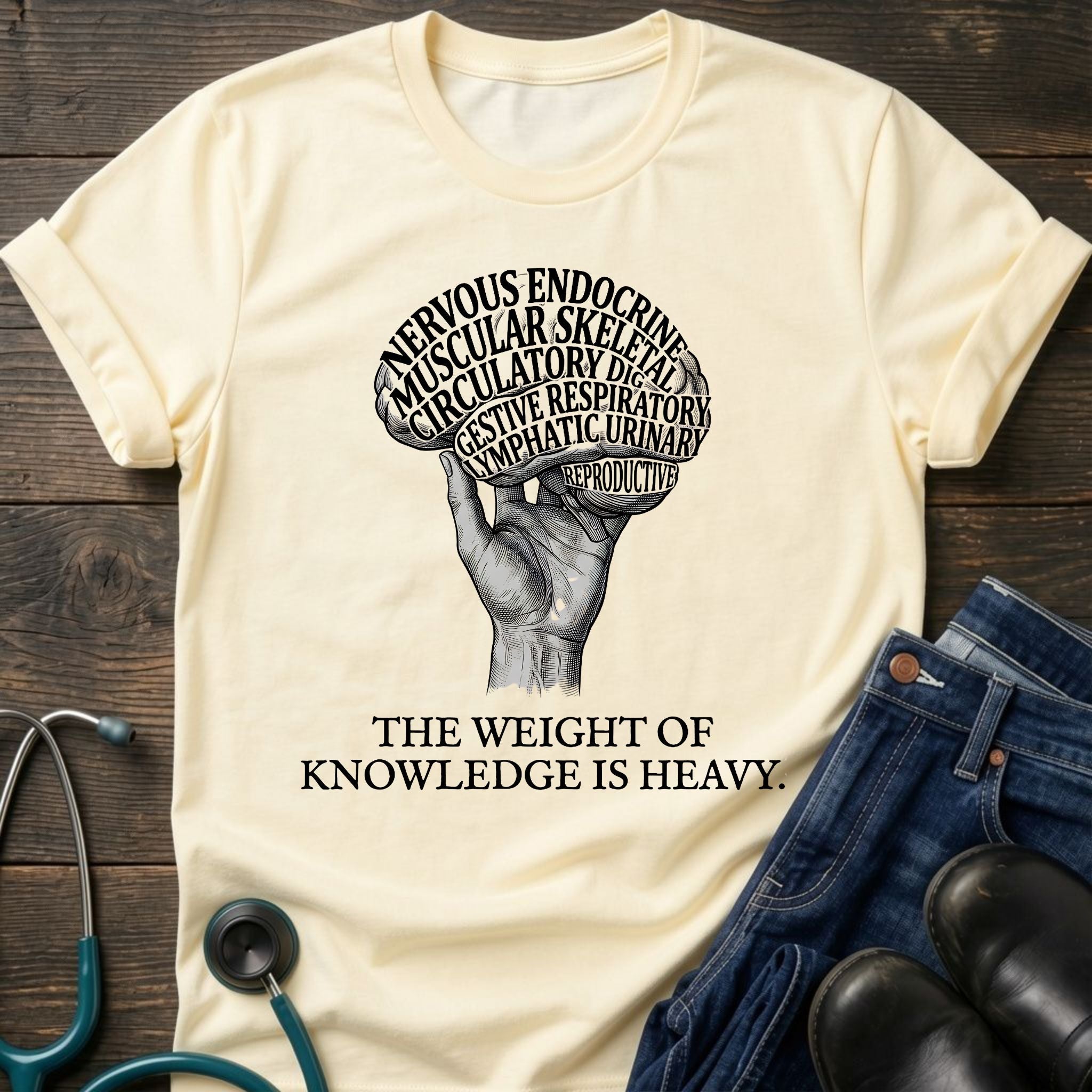 The Weight of Knowledge Is Heavy Brain Nurse Student Tee - White / XS | YOUSTOMIZE