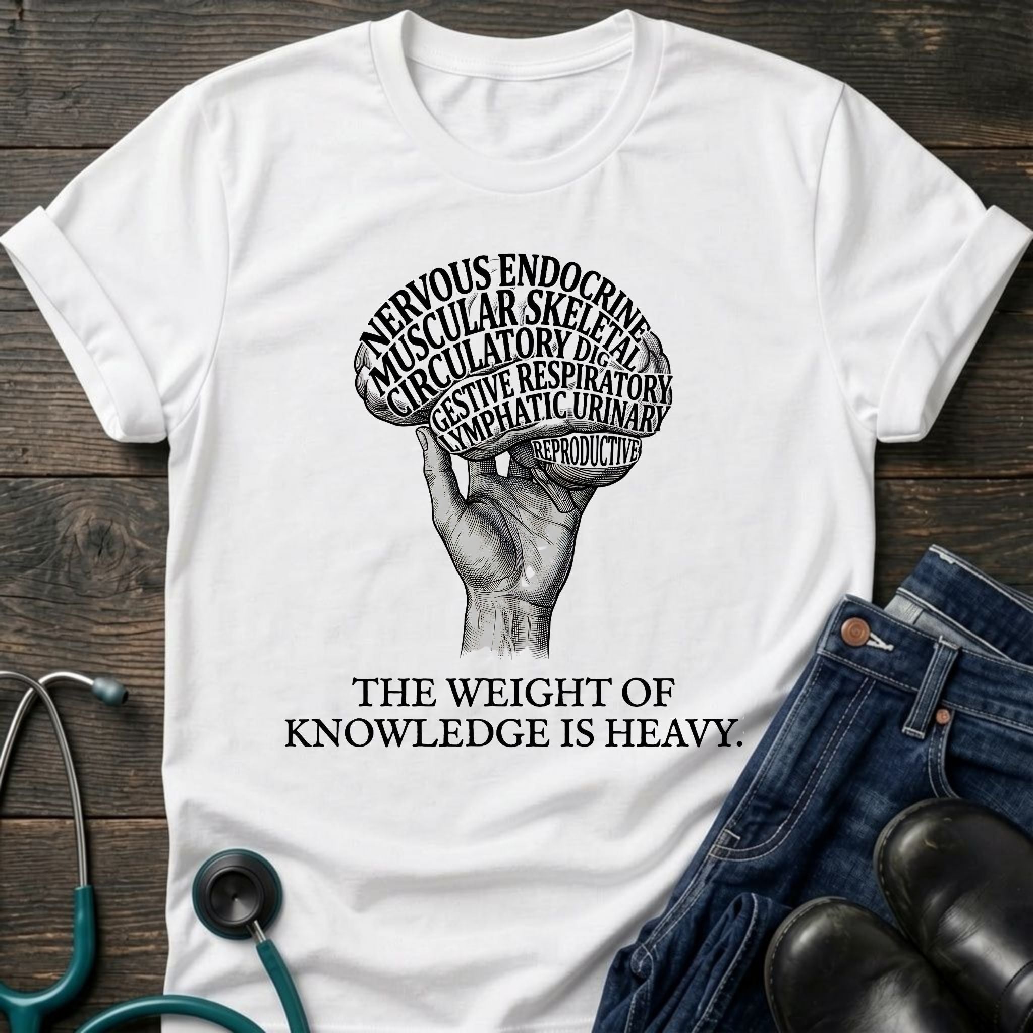 The Weight of Knowledge Is Heavy Brain Nurse Student Tee - White / XS | YOUSTOMIZE