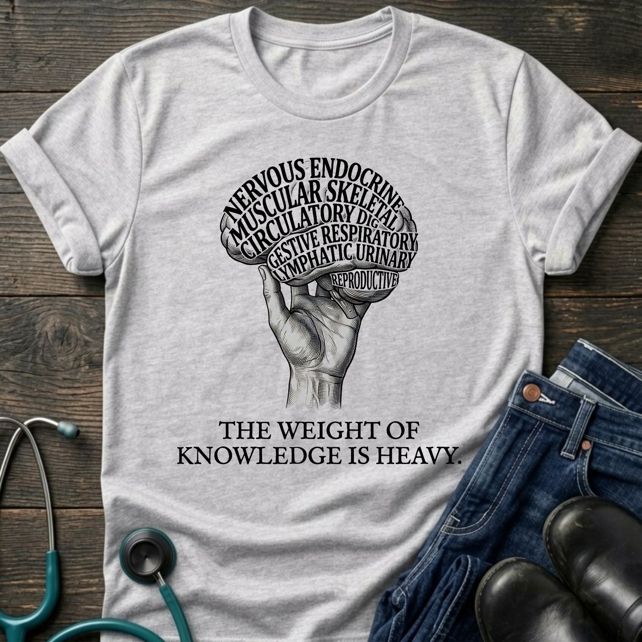 The Weight of Knowledge Is Heavy Brain Nurse Student Tee - White / XS | YOUSTOMIZE